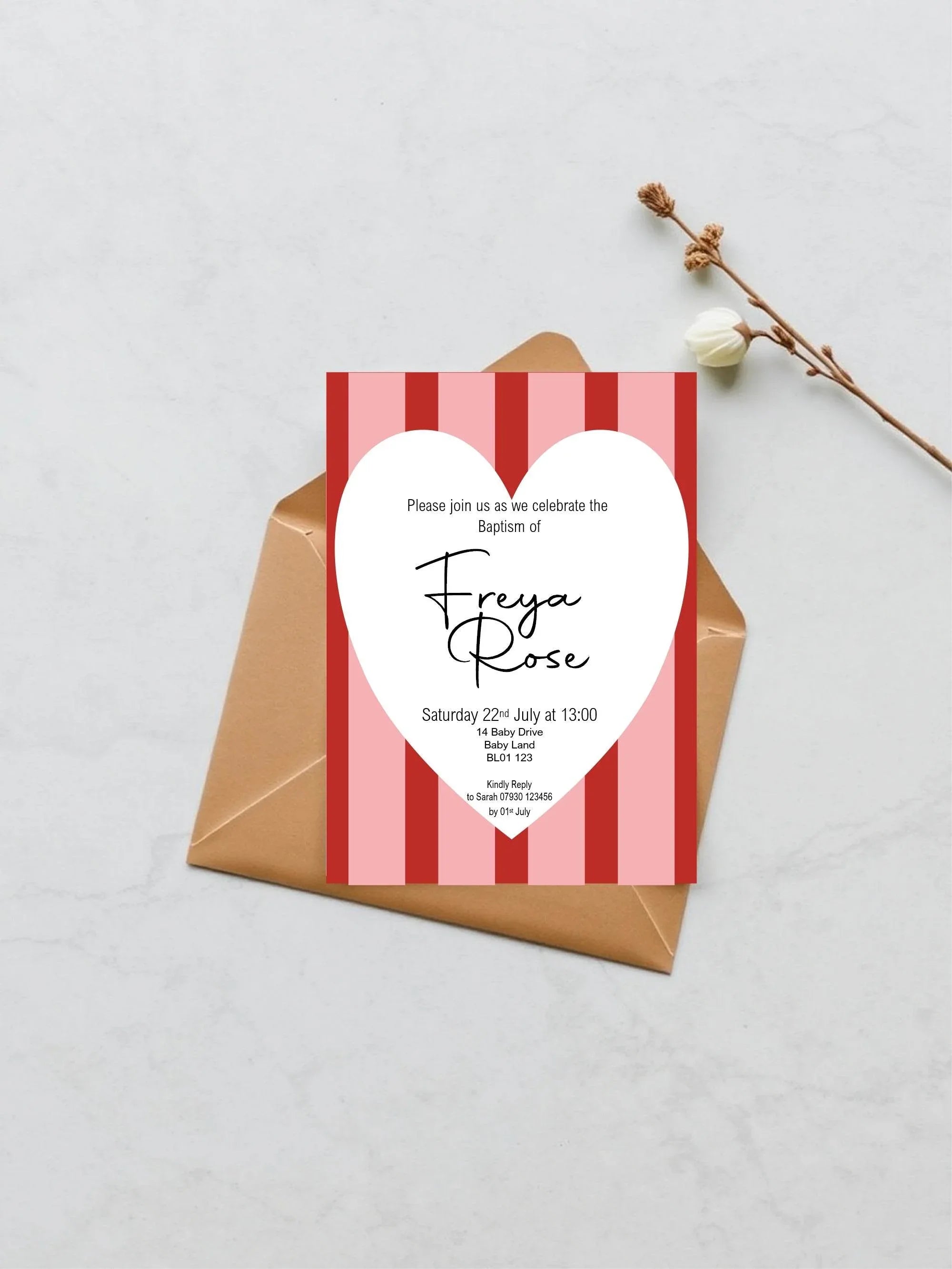Red & Pink Christening | Baptism Party Invitations & Envelopes | Pack of 10 - Larosier Prints