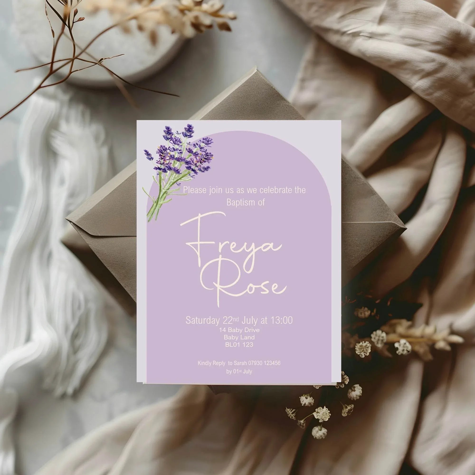 Lavender Christening | Baptism Party Invitations & Envelopes | Pack of 10 - Larosier Prints