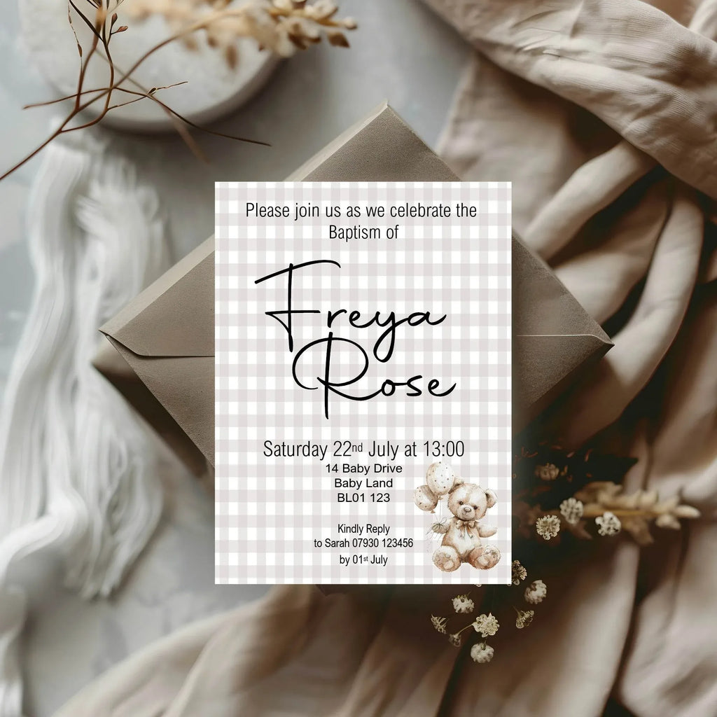 Checkered Bear Christening | Baptism Party Invitations & Envelopes | Pack of 10 - Larosier Prints