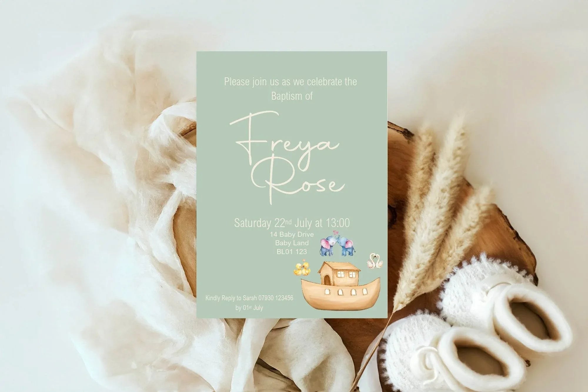 Noah's Ark Christening | Baptism Party Invitations & Envelopes | Pack of 10 - Larosier Prints