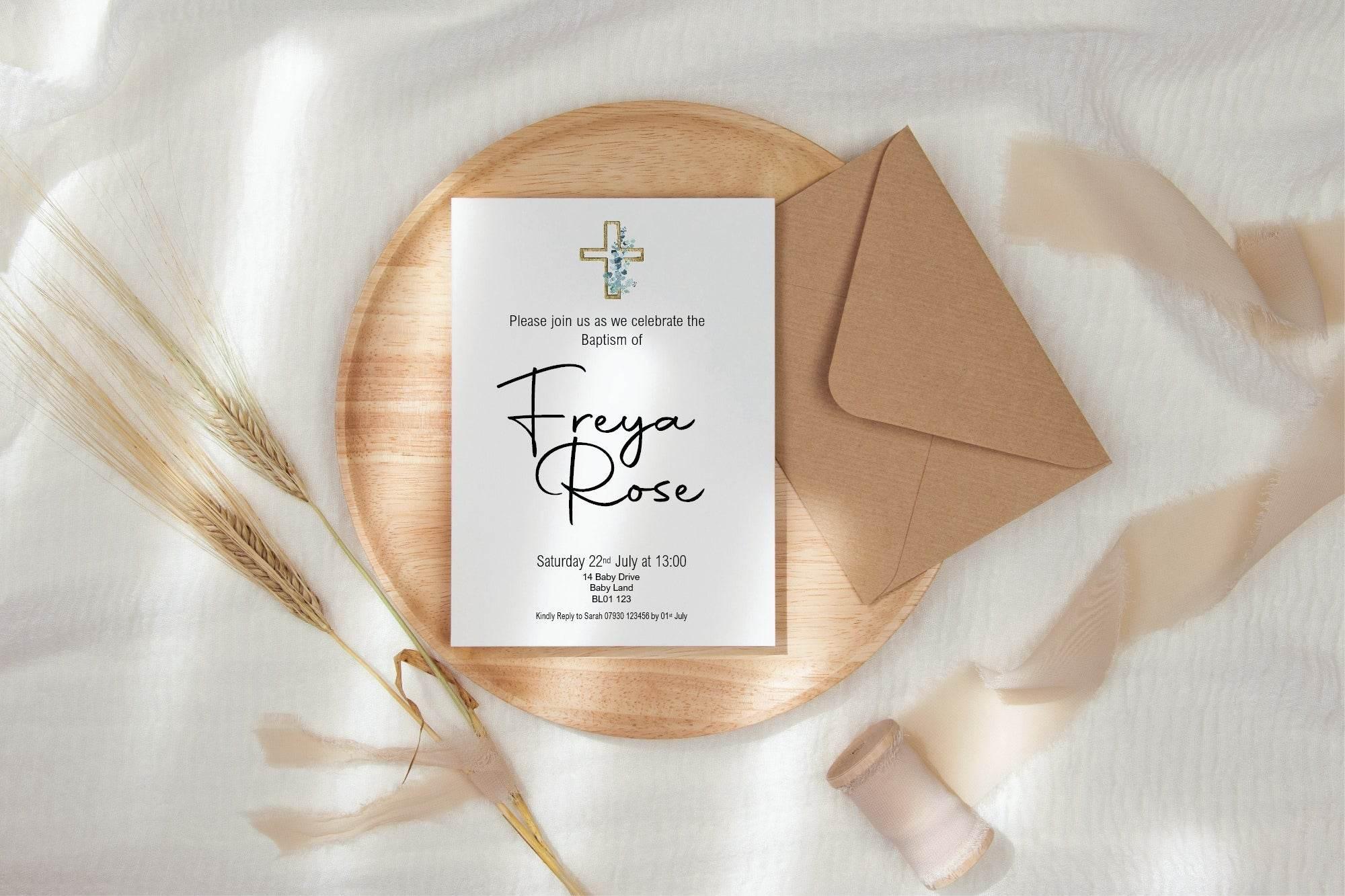 Eucalyptus Cross Christening | Baptism Party Invitations & Envelopes | Pack of 10 - Larosier Prints