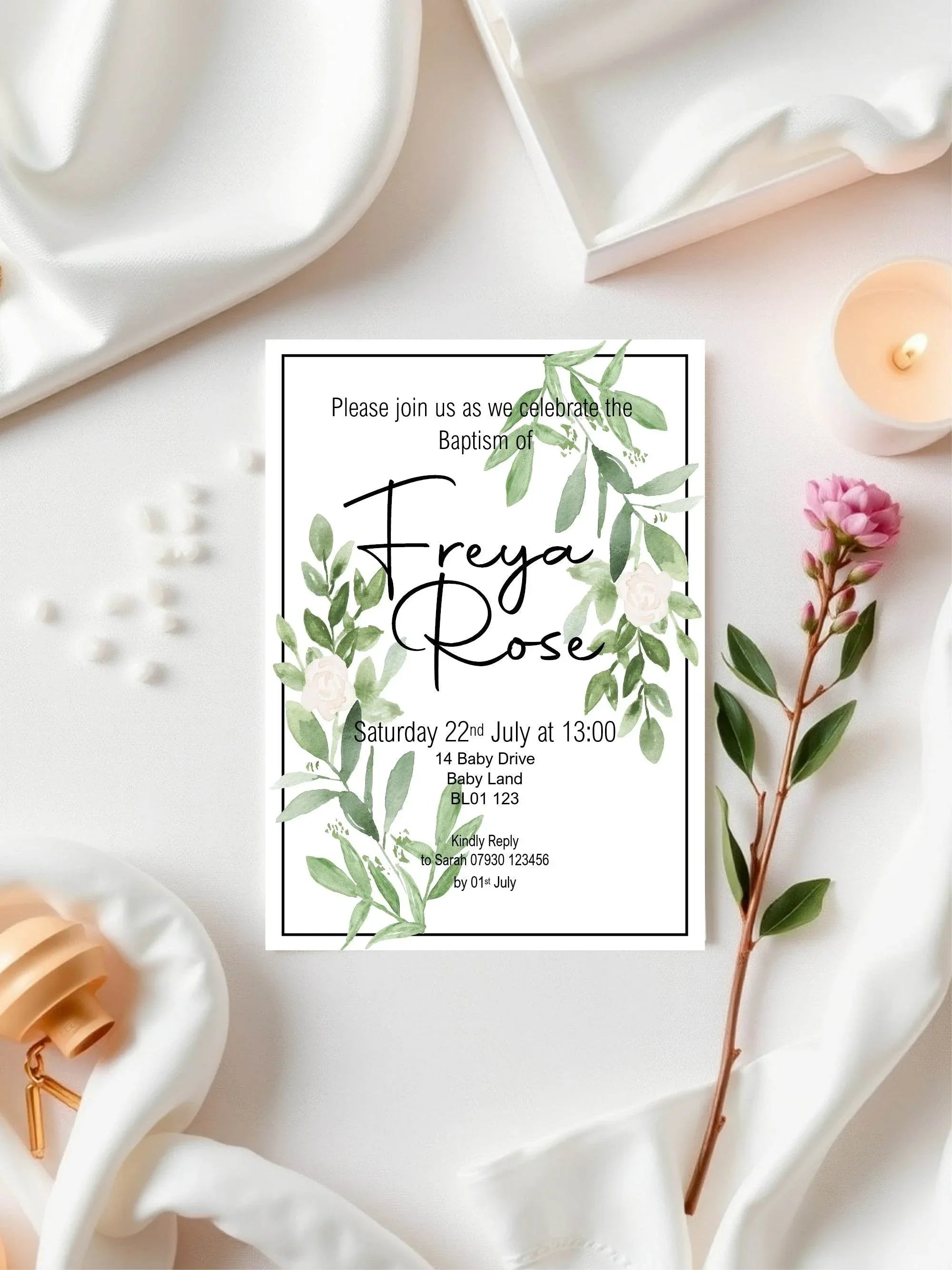 Green & White Rose Christening | Baptism Party Invitations & Envelopes | Pack of 10 - Larosier Prints