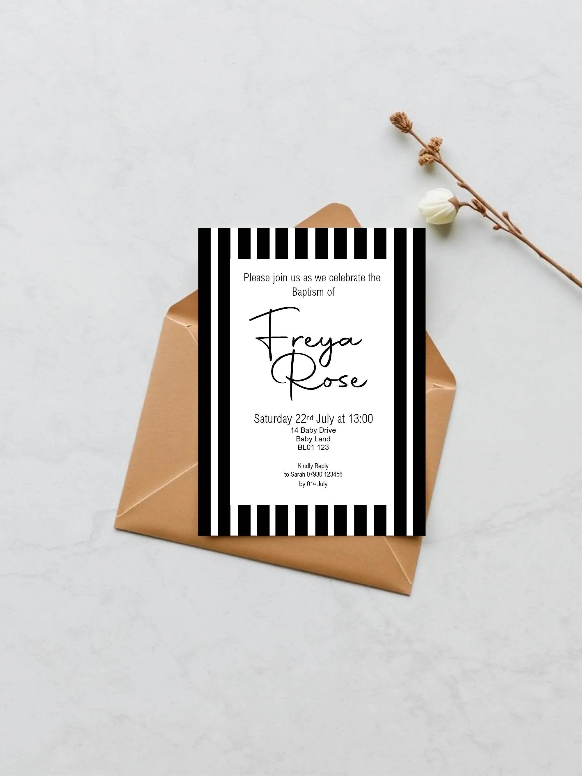 Black & White Stripe Christening | Baptism Party Invitations & Envelopes | Pack of 10 - Larosier Prints