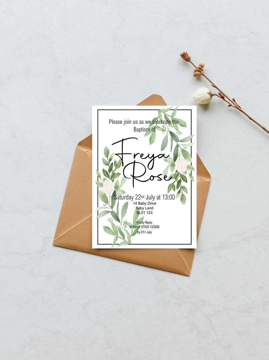 Green & White Rose Christening | Baptism Party Invitations & Envelopes | Pack of 10 - Larosier Prints