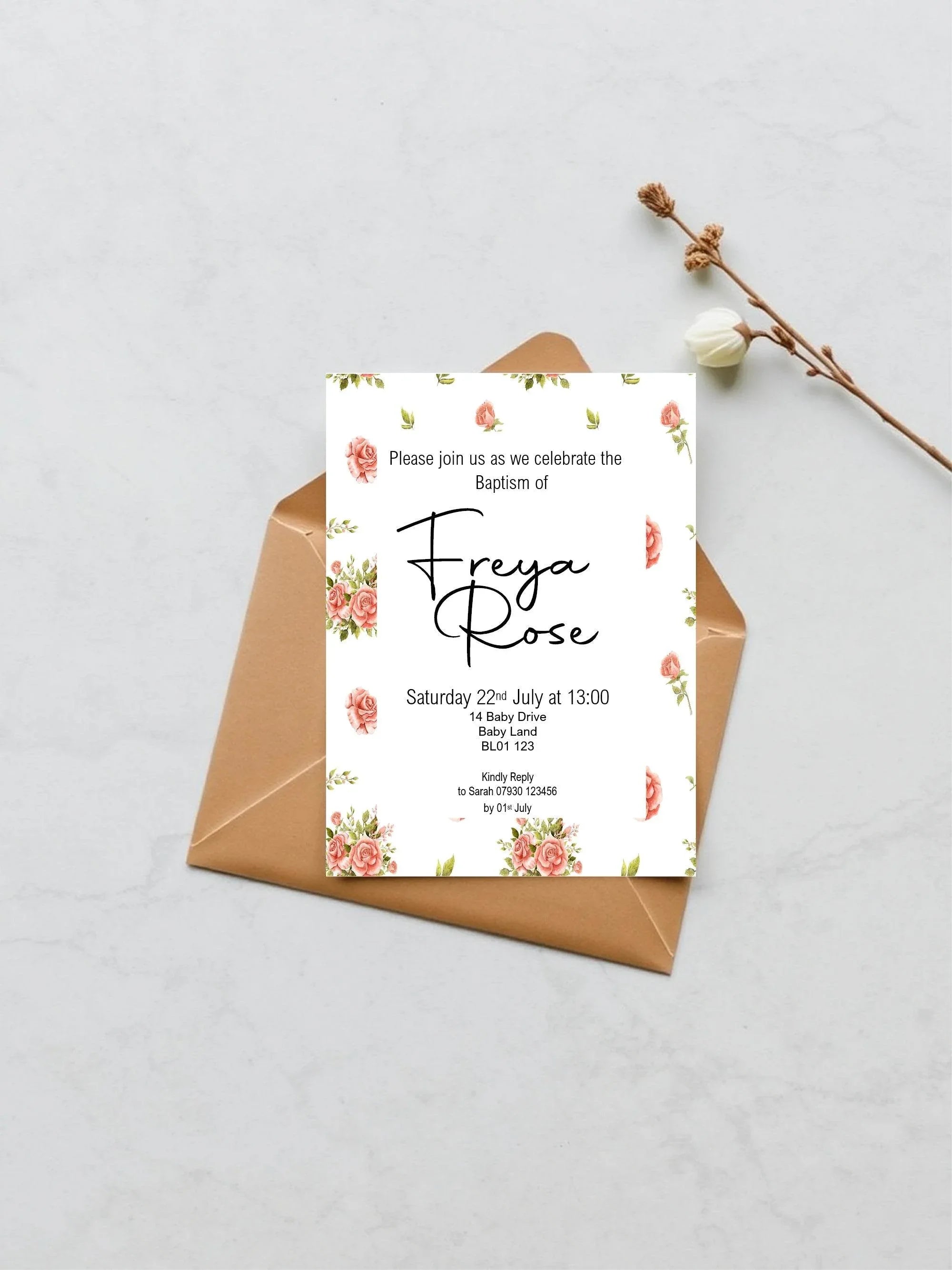 Pink Rose Christening | Baptism Party Invitations & Envelopes | Pack of 10 - Larosier Prints