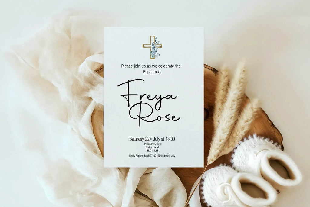 Eucalyptus Cross Christening | Baptism Party Invitations & Envelopes | Pack of 10 - Larosier Prints