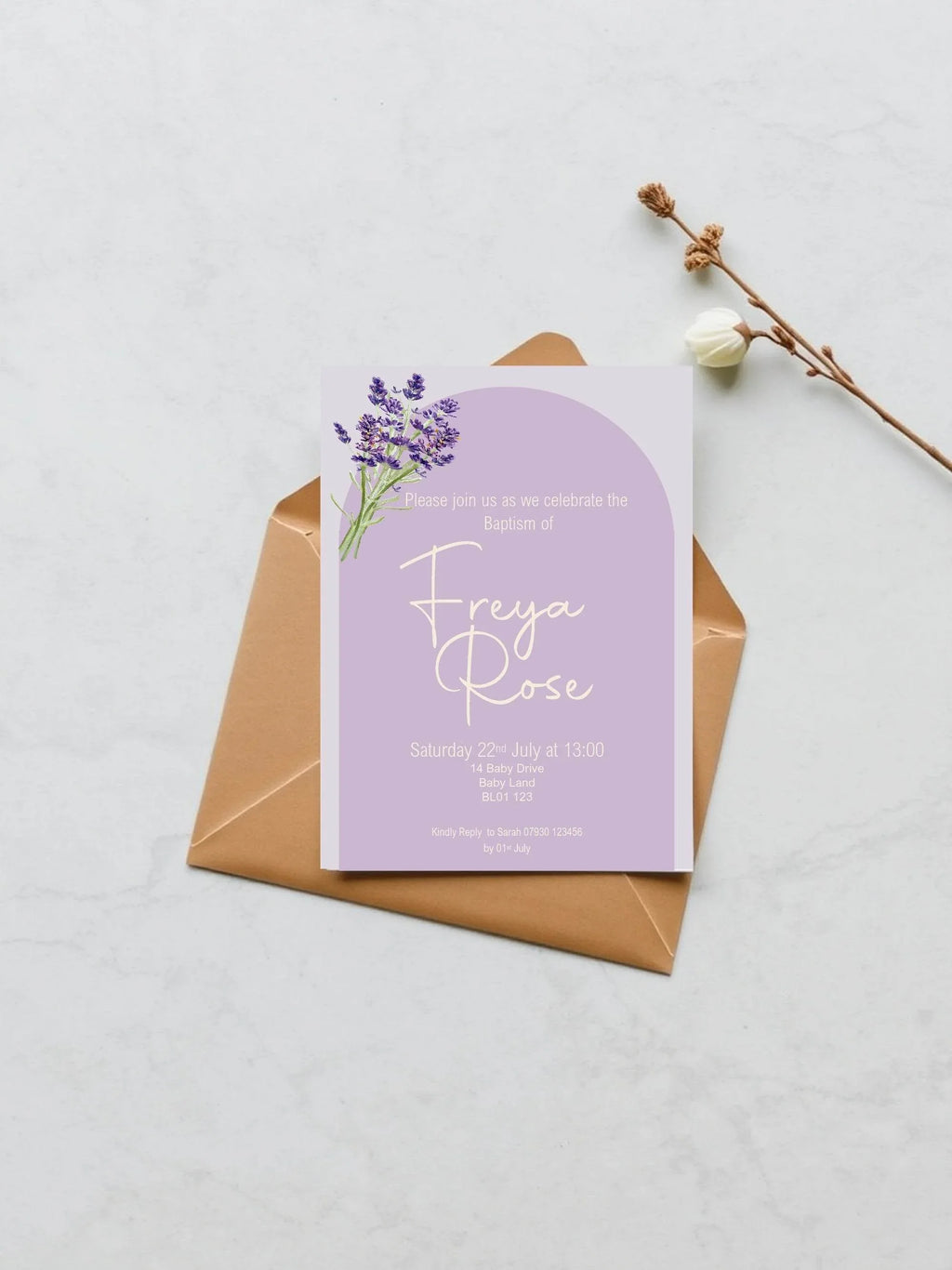 Lavender Christening | Baptism Party Invitations & Envelopes | Pack of 10 - Larosier Prints