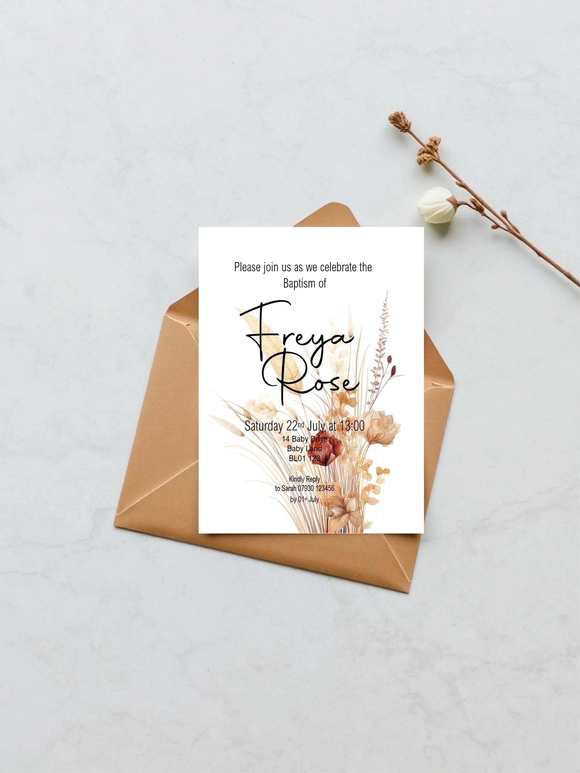 Boho Christening | Baptism Party Invitations & Envelopes | Pack of 10 - Larosier Prints