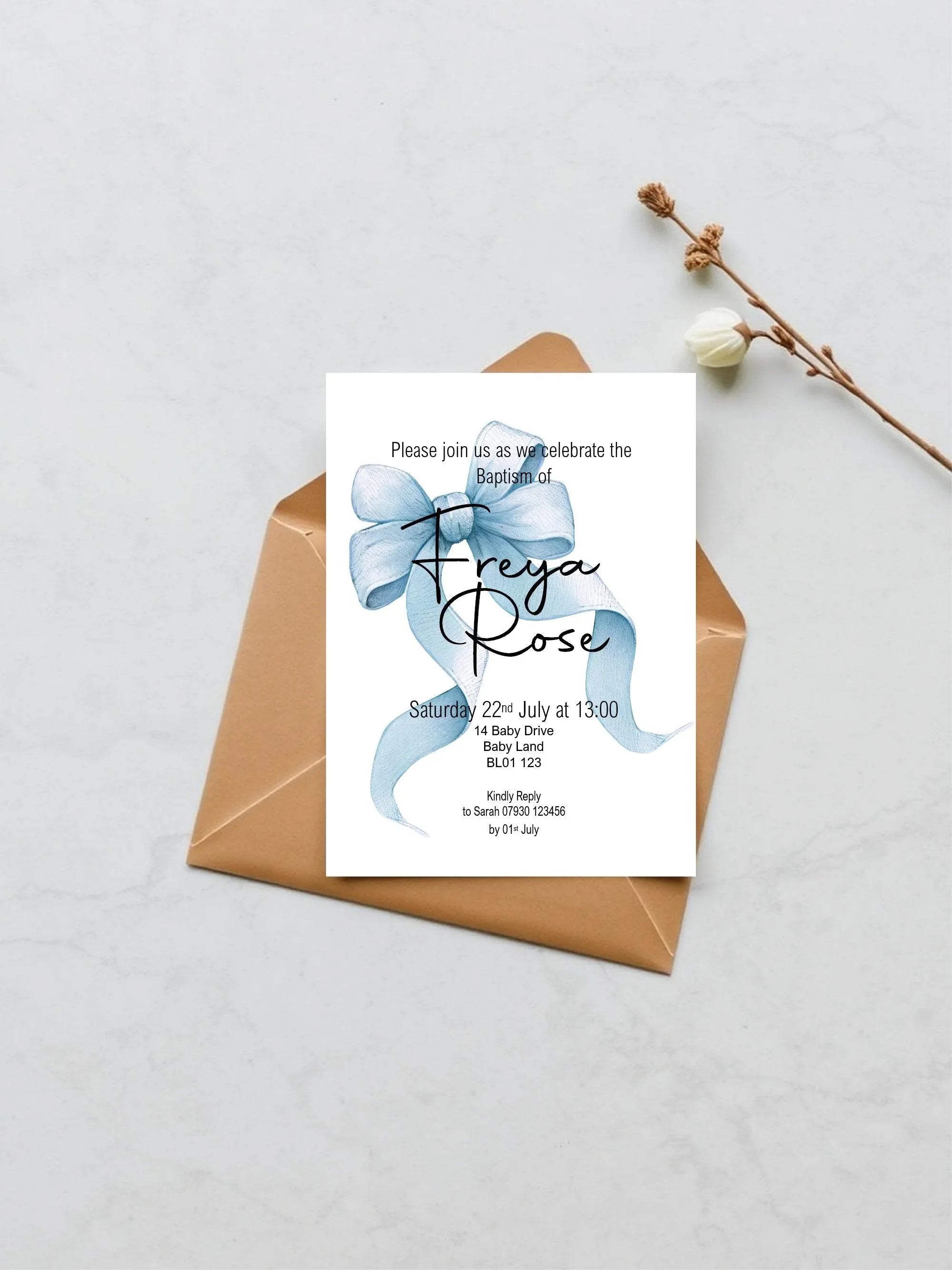 Bows Christening | Baptism Party Invitations & Envelopes | Pack of 10 | Beige, Pink or Blue - Larosier Prints