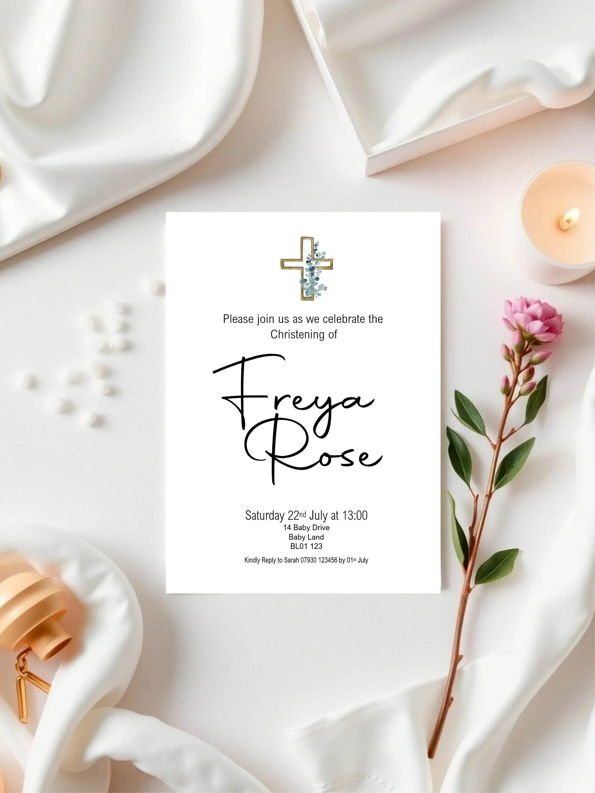 Eucalyptus Cross Christening | Baptism Party Invitations & Envelopes | Pack of 10 - Larosier Prints
