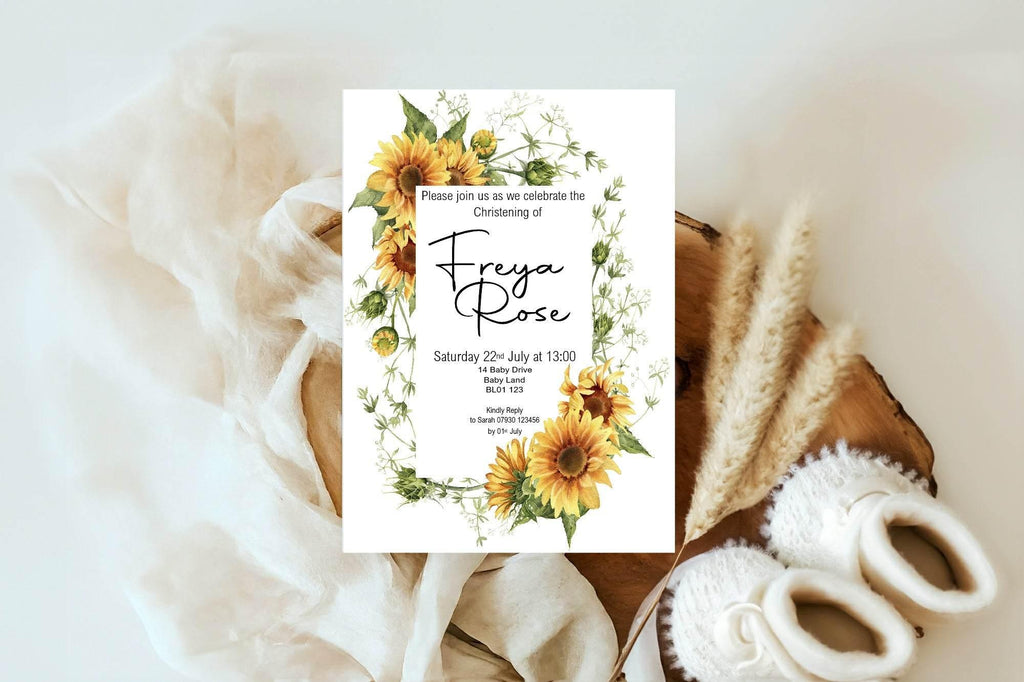 Sunflower Christening | Baptism Party Invitations & Envelopes | Pack of 10 - Larosier Prints