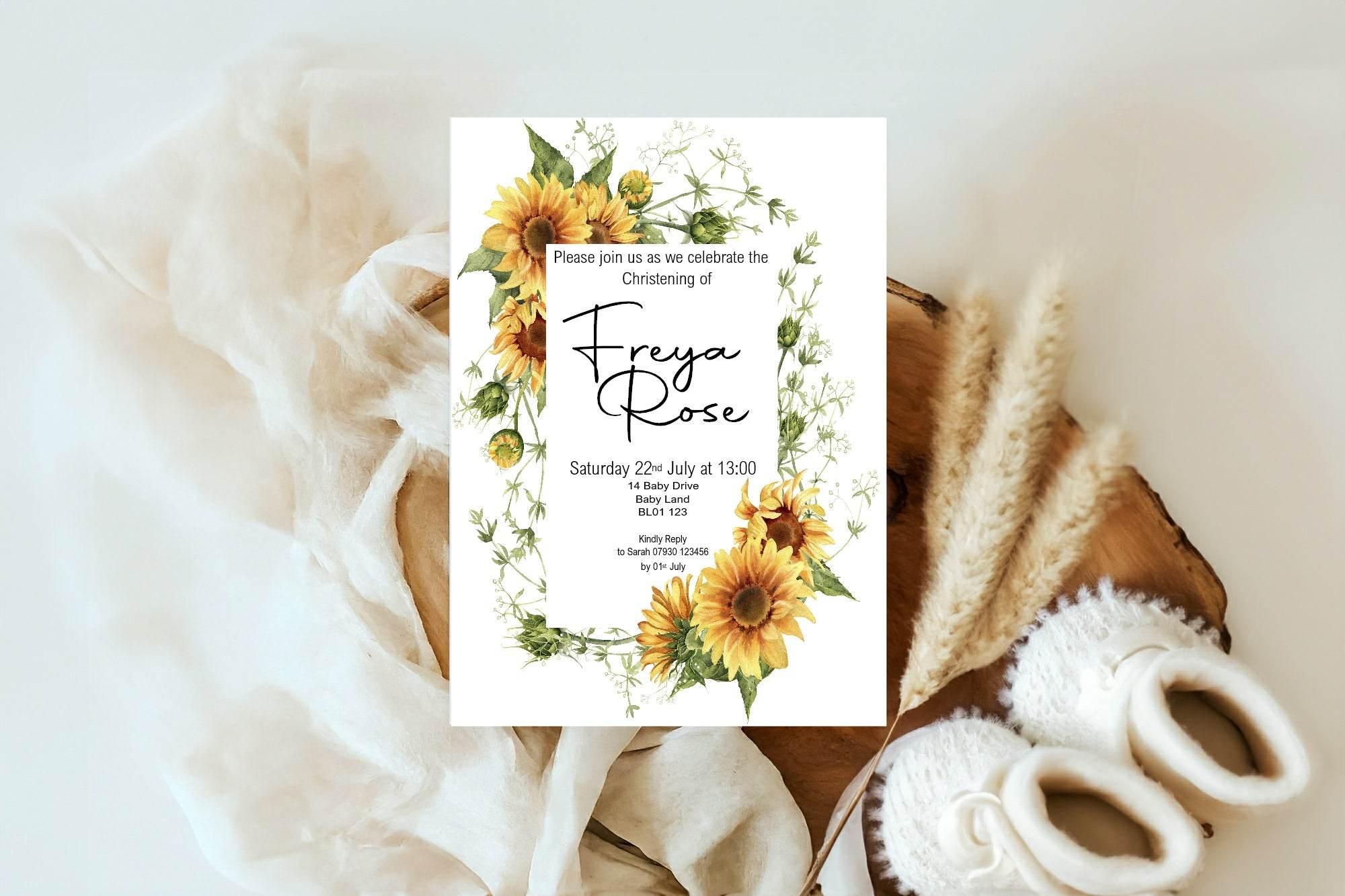 Sunflower Christening | Baptism Party Invitations & Envelopes | Pack of 10 - Larosier Prints