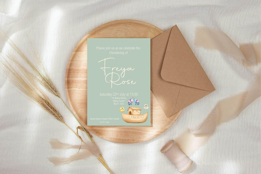 Noah's Ark Christening | Baptism Party Invitations & Envelopes | Pack of 10 - Larosier Prints