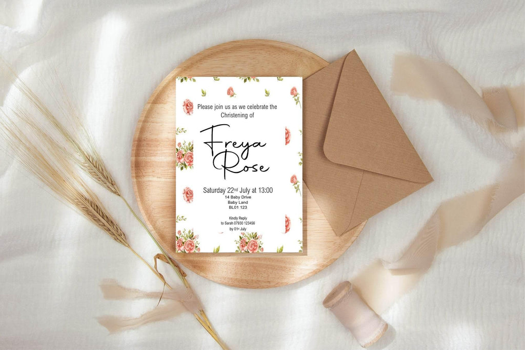 Pink Rose Christening | Baptism Party Invitations & Envelopes | Pack of 10 - Larosier Prints
