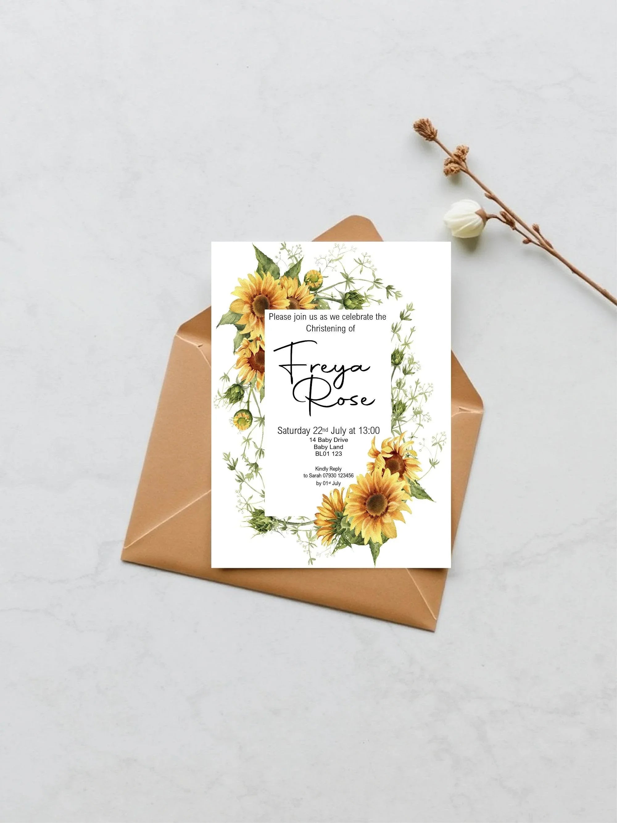 Sunflower Christening | Baptism Party Invitations & Envelopes | Pack of 10 - Larosier Prints