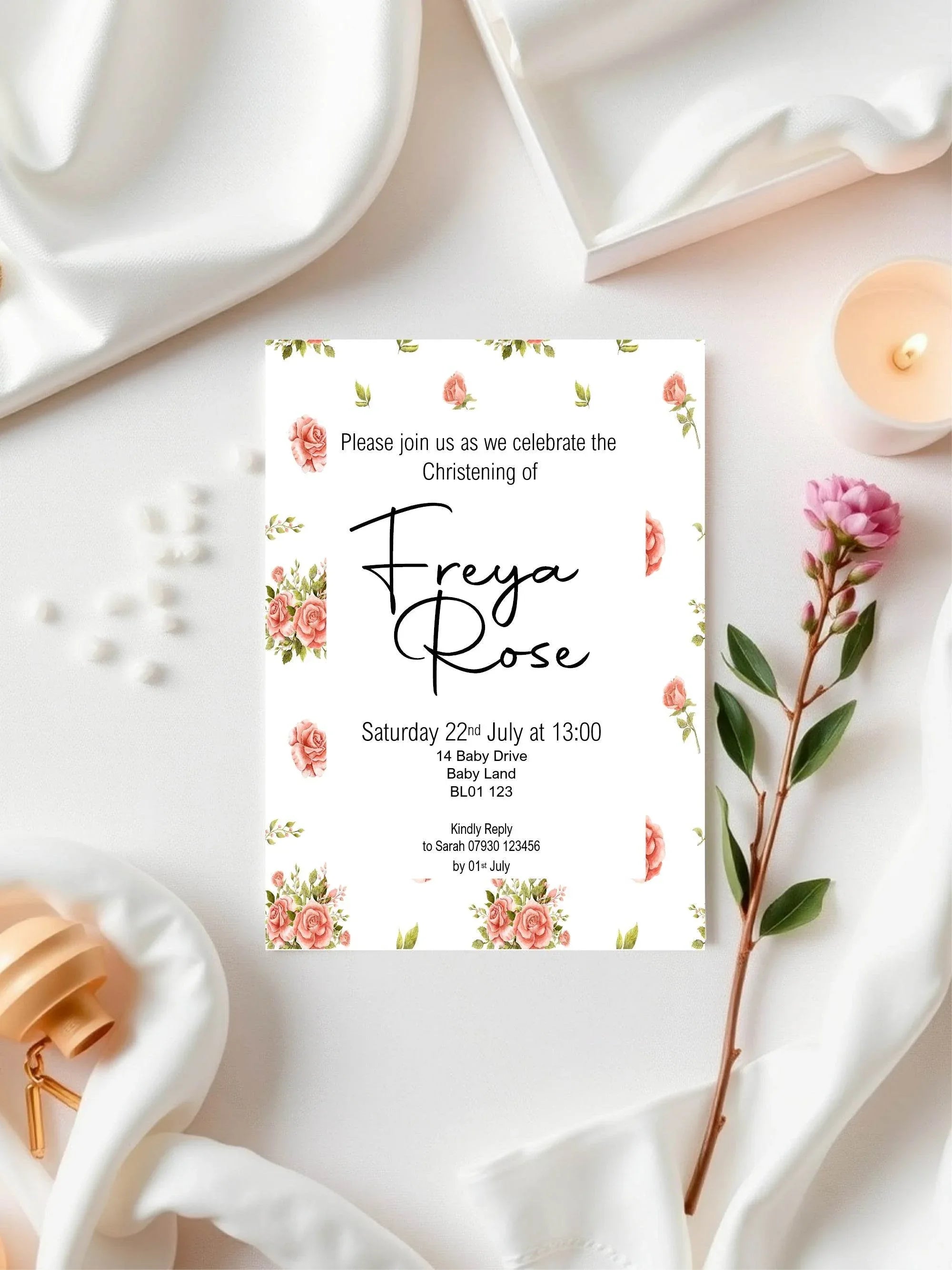 Pink Rose Christening | Baptism Party Invitations & Envelopes | Pack of 10 - Larosier Prints