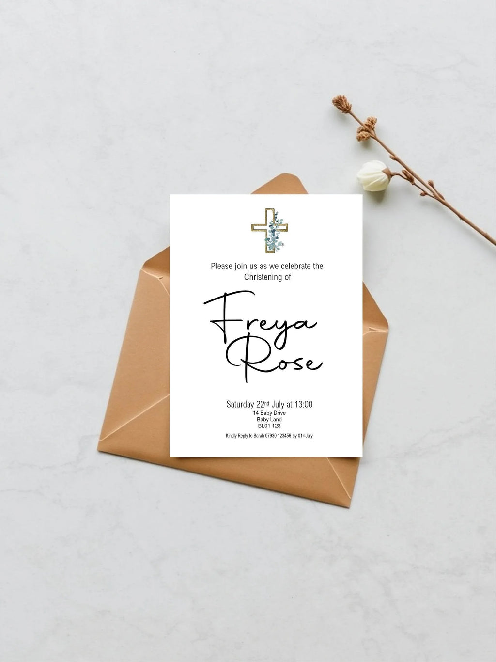 Eucalyptus Cross Christening | Baptism Party Invitations & Envelopes | Pack of 10 - Larosier Prints