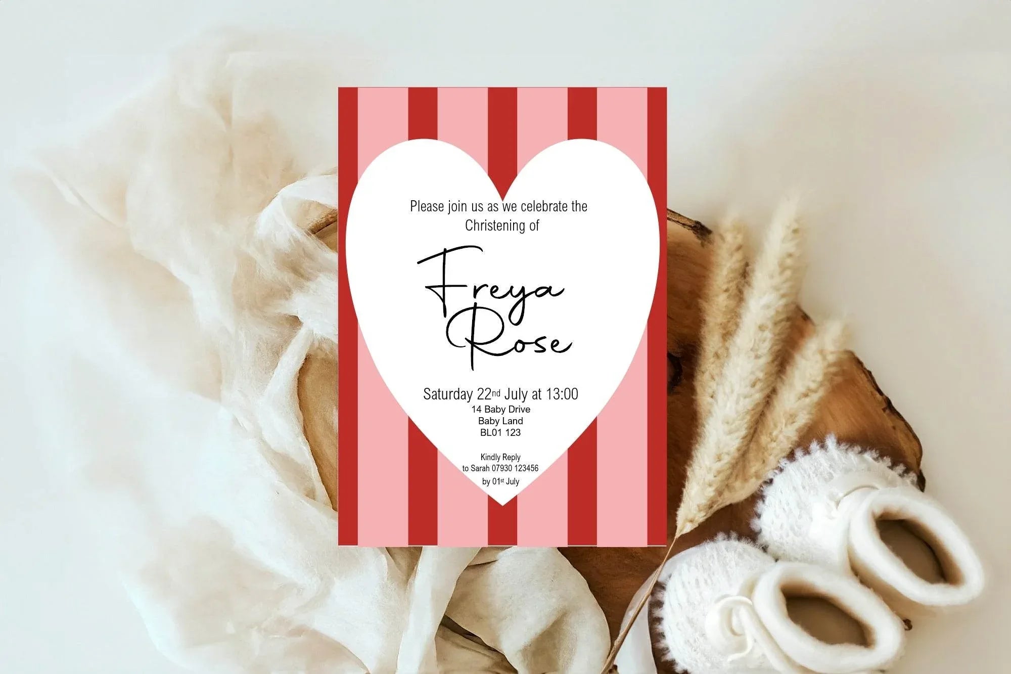 Red & Pink Christening | Baptism Party Invitations & Envelopes | Pack of 10 - Larosier Prints