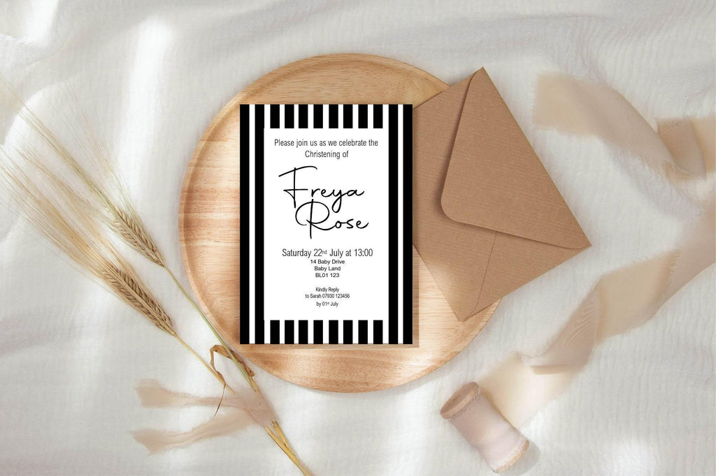 Black & White Stripe Christening | Baptism Party Invitations & Envelopes | Pack of 10 - Larosier Prints