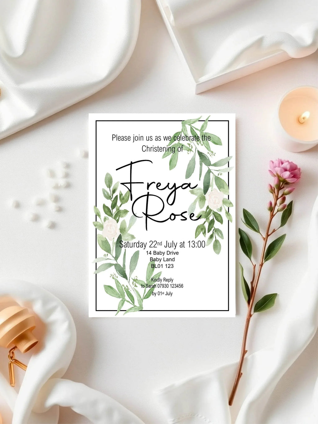 Green & White Rose Christening | Baptism Party Invitations & Envelopes | Pack of 10 - Larosier Prints