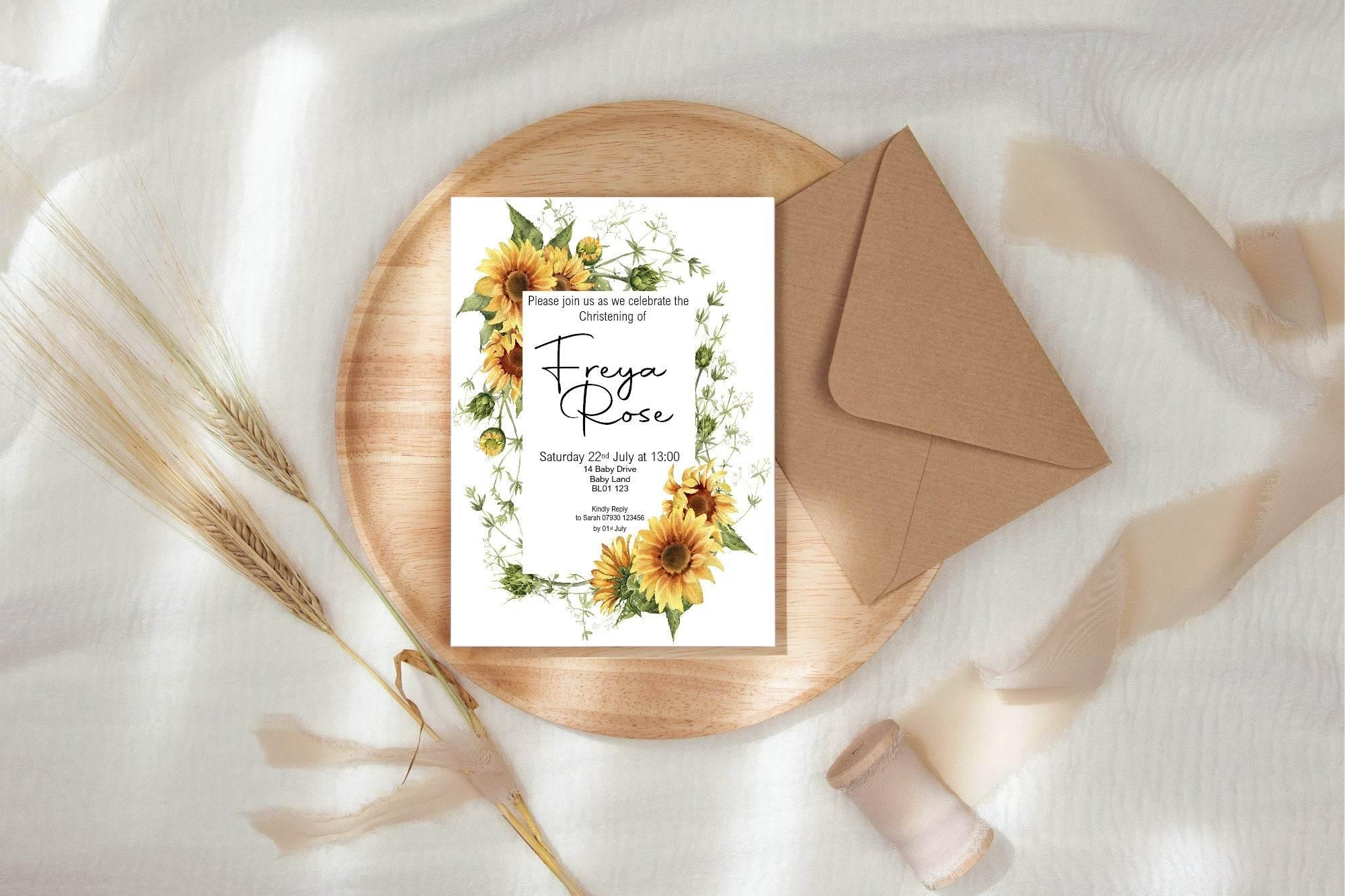 Sunflower Christening | Baptism Party Invitations & Envelopes | Pack of 10 - Larosier Prints