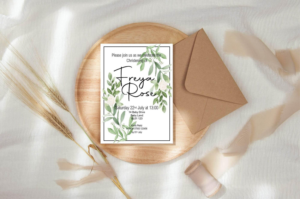 Green & White Rose Christening | Baptism Party Invitations & Envelopes | Pack of 10 - Larosier Prints