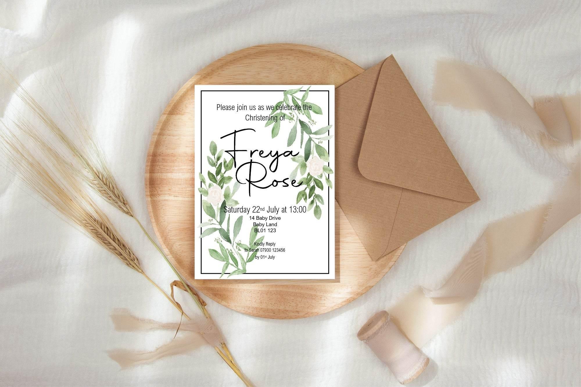 Green & White Rose Christening | Baptism Party Invitations & Envelopes | Pack of 10 - Larosier Prints