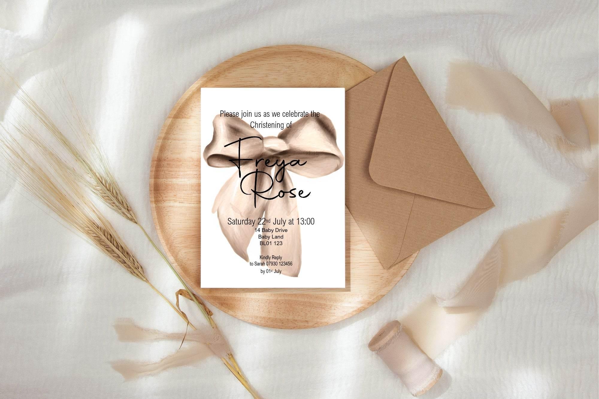 Bows Christening | Baptism Party Invitations & Envelopes | Pack of 10 | Beige, Pink or Blue - Larosier Prints