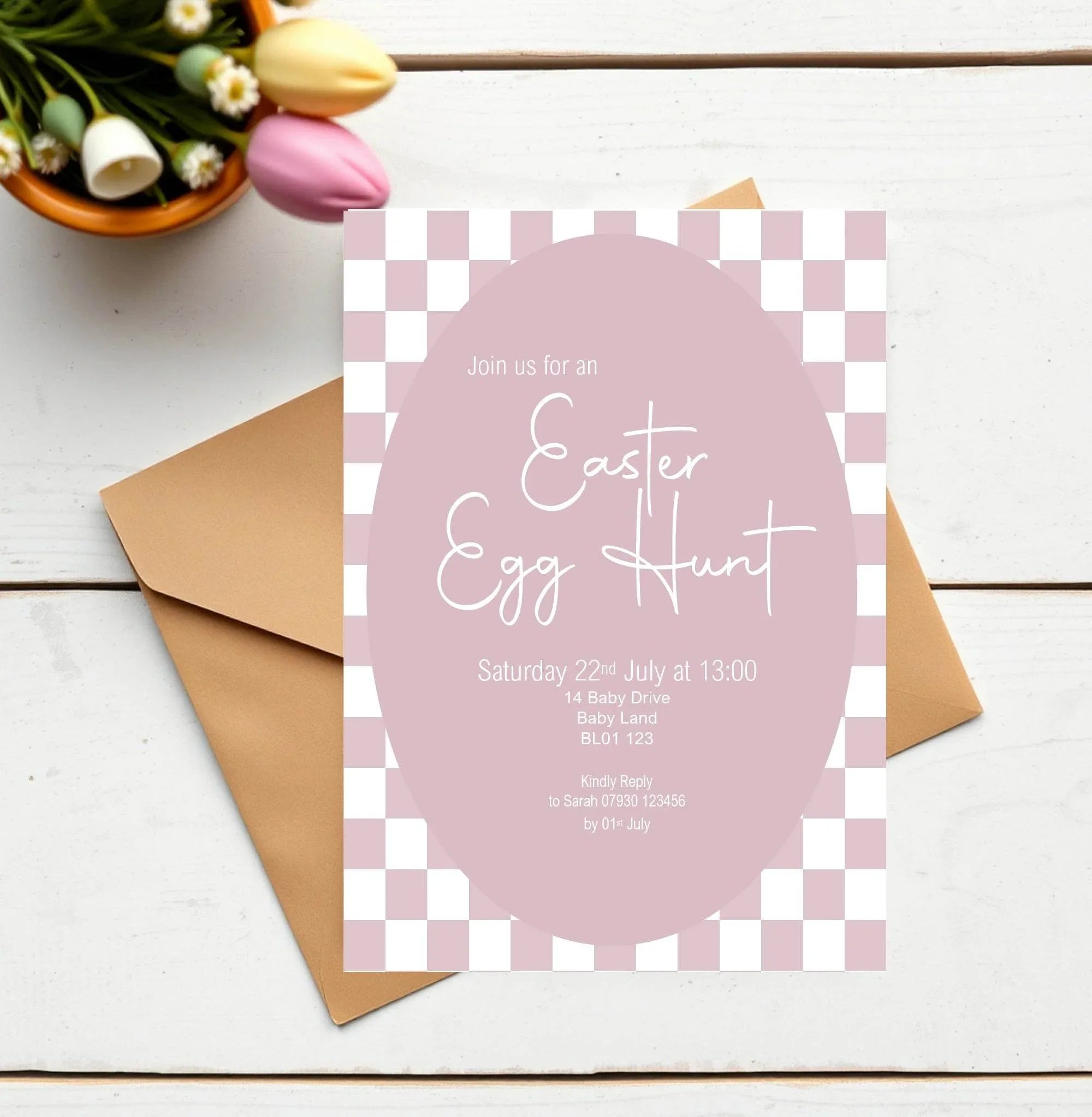 Pastel Checkerboard Easter Egg Hunt Invitations & Envelopes | Pack of 10 - Larosier Prints