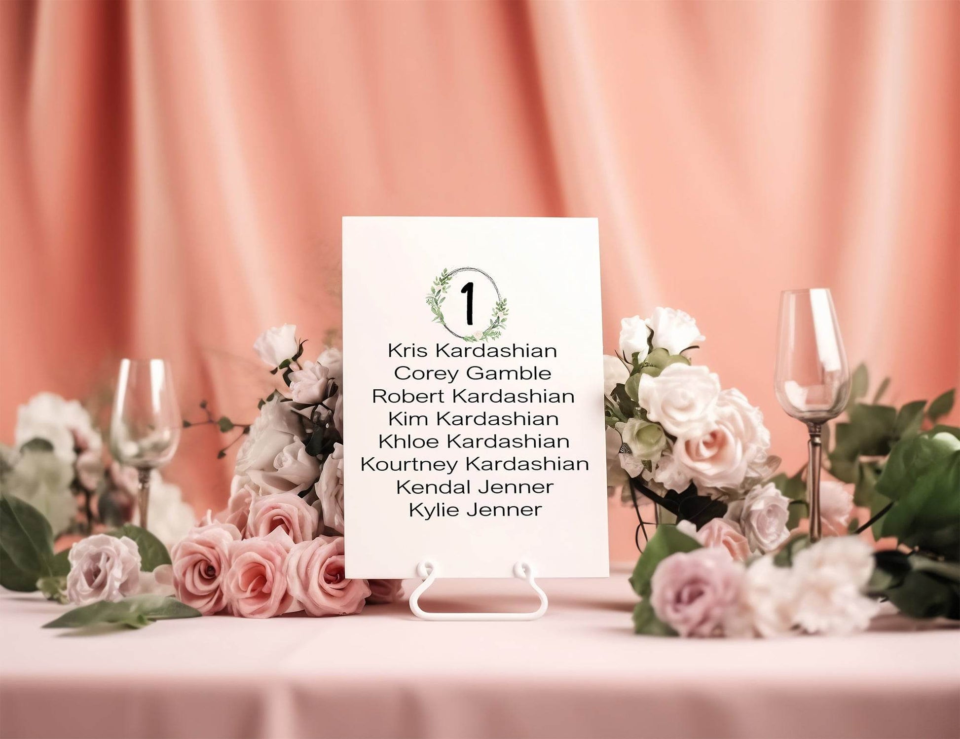 Green & White Rose Individual Table Plan Party Sign