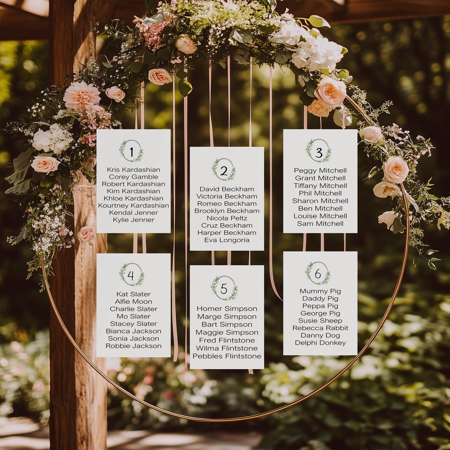 Green & White Rose Individual Table Plan Party Sign