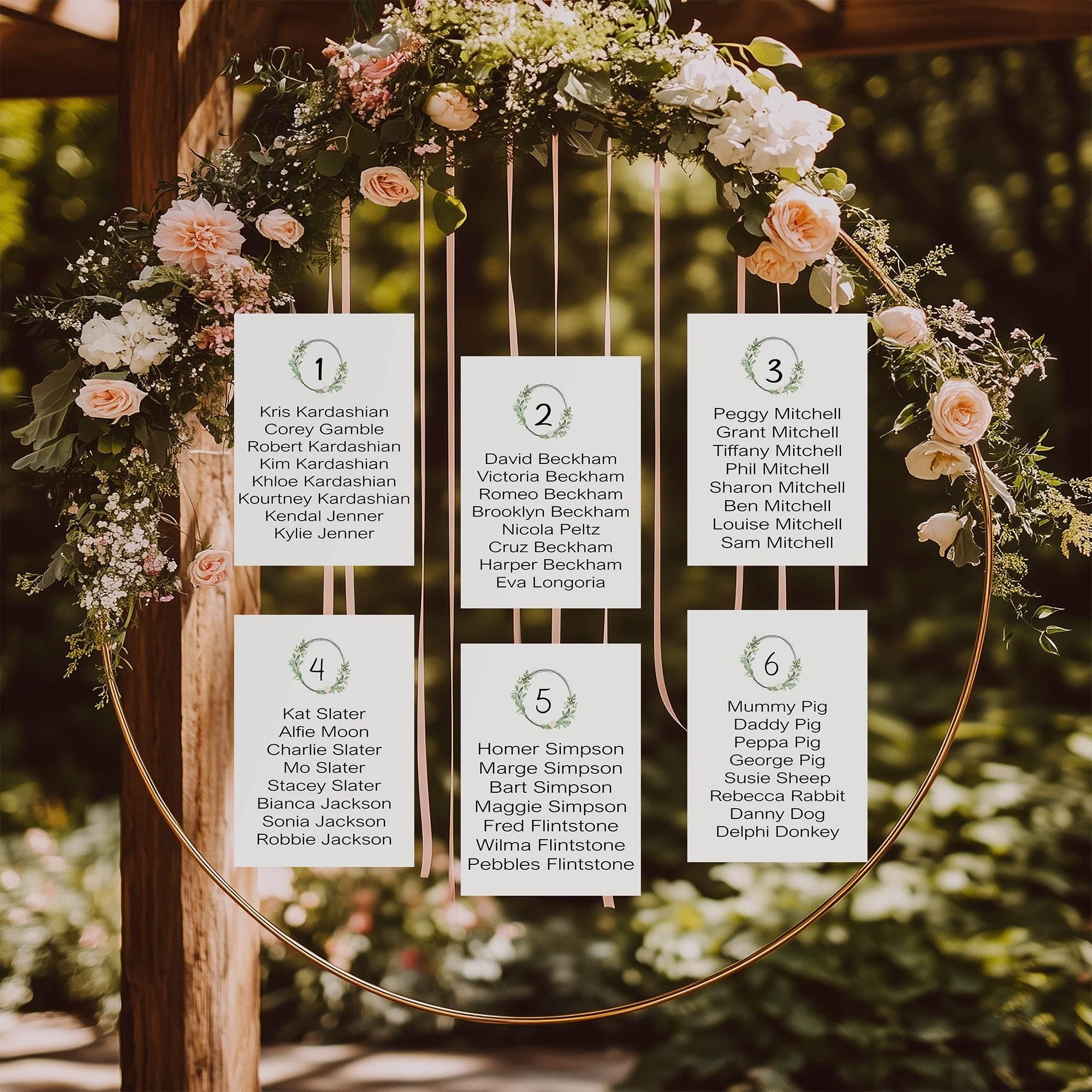 Green & White Rose Individual Table Plan Party Sign - Larosier Prints