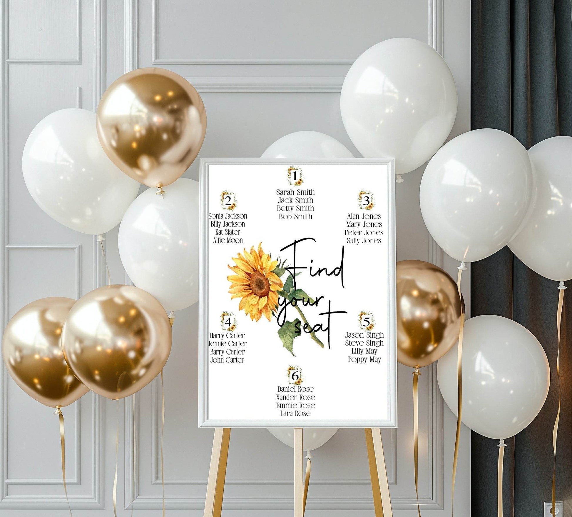 Sunflower Pack of Table Number Wedding Party Sign