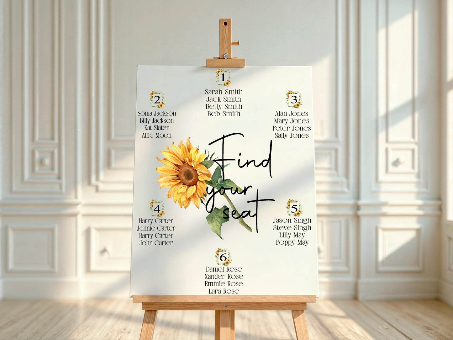Sunflower Pack of Table Number Wedding Party Sign