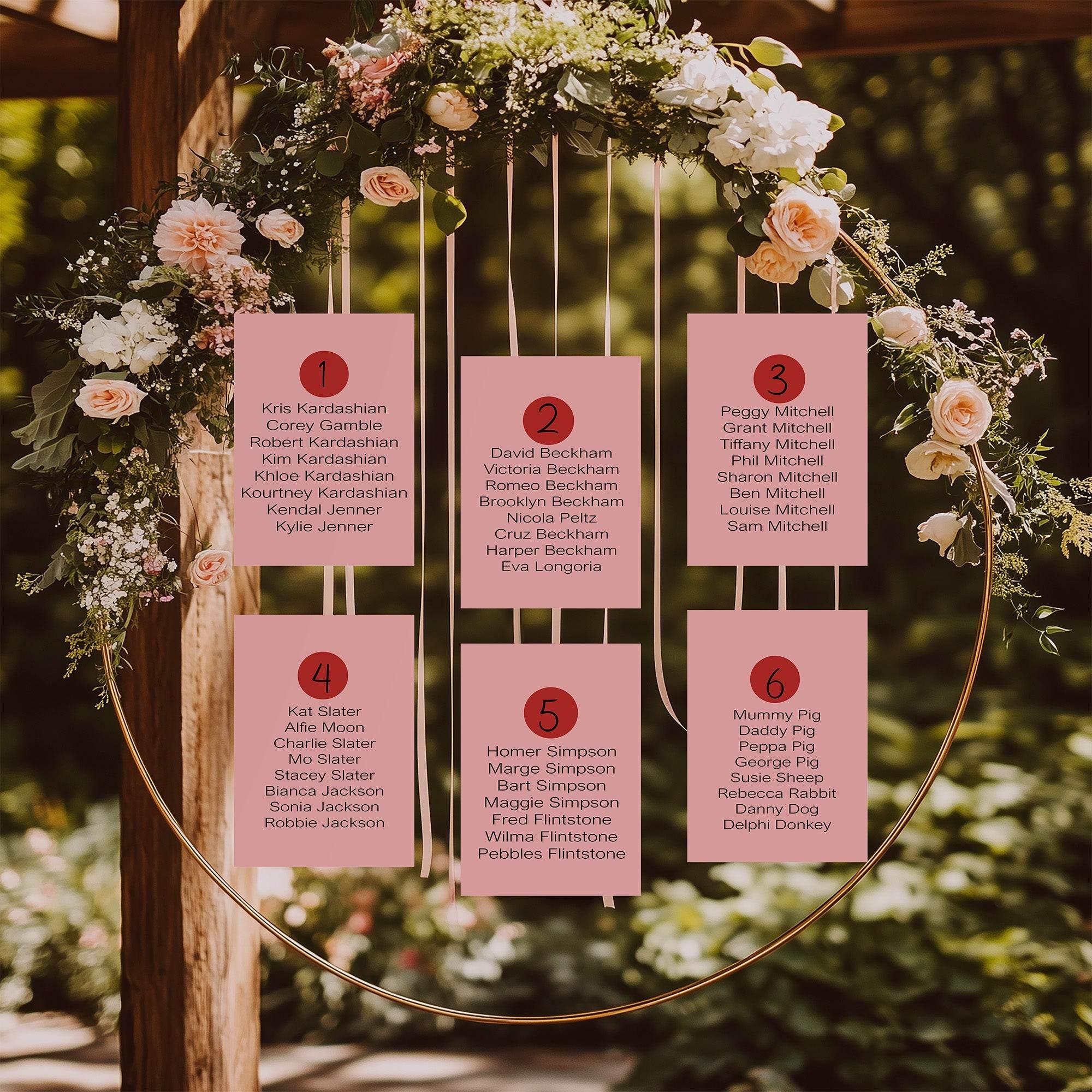 Red & Pink Individual Table Plan Party Sign - Larosier Prints