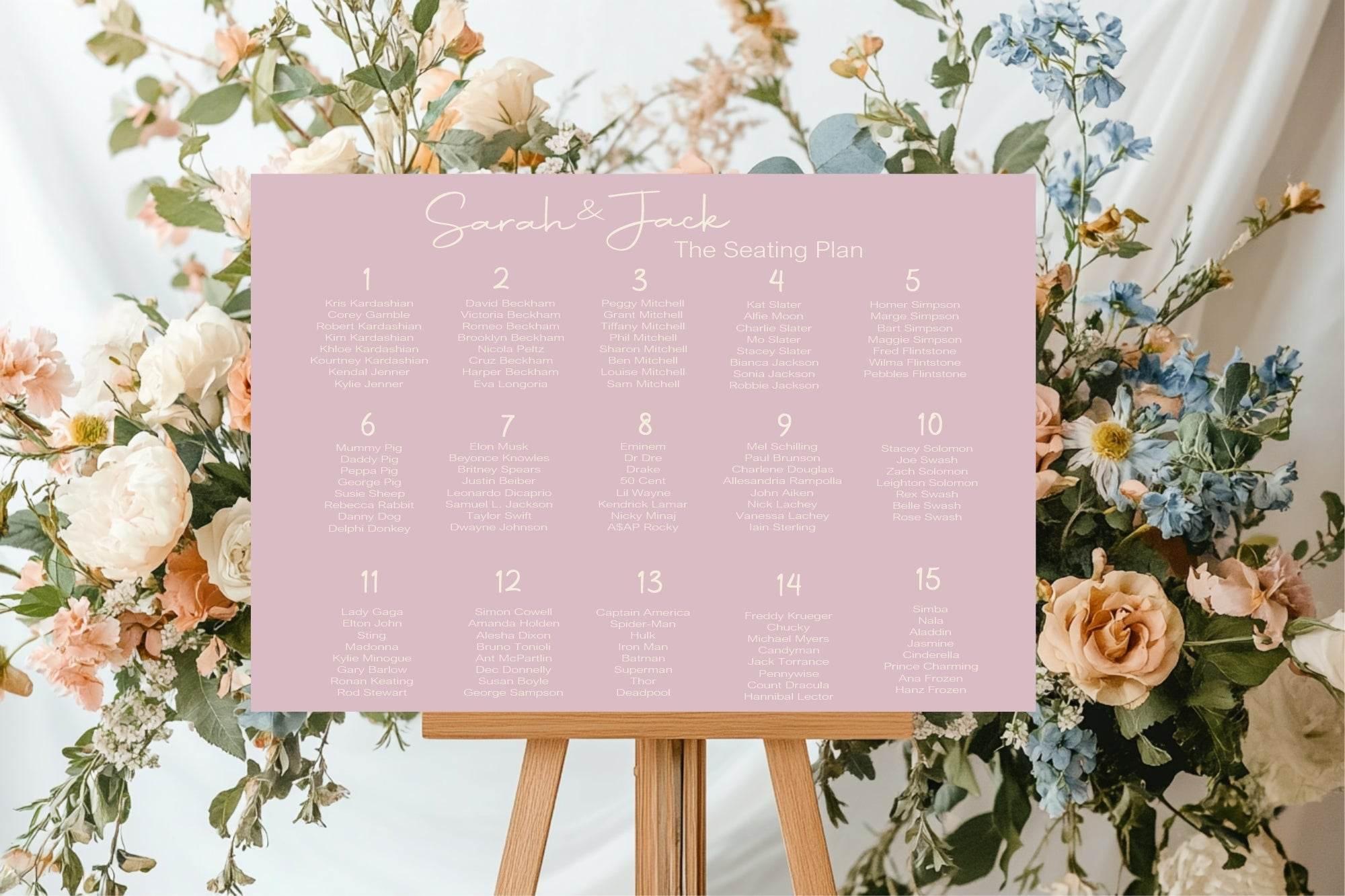 Dusky Pink Table Plan Wedding Party Sign - Larosier Prints