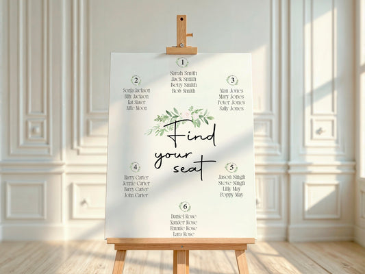 Green & White Rose Table Plan Wedding Sign