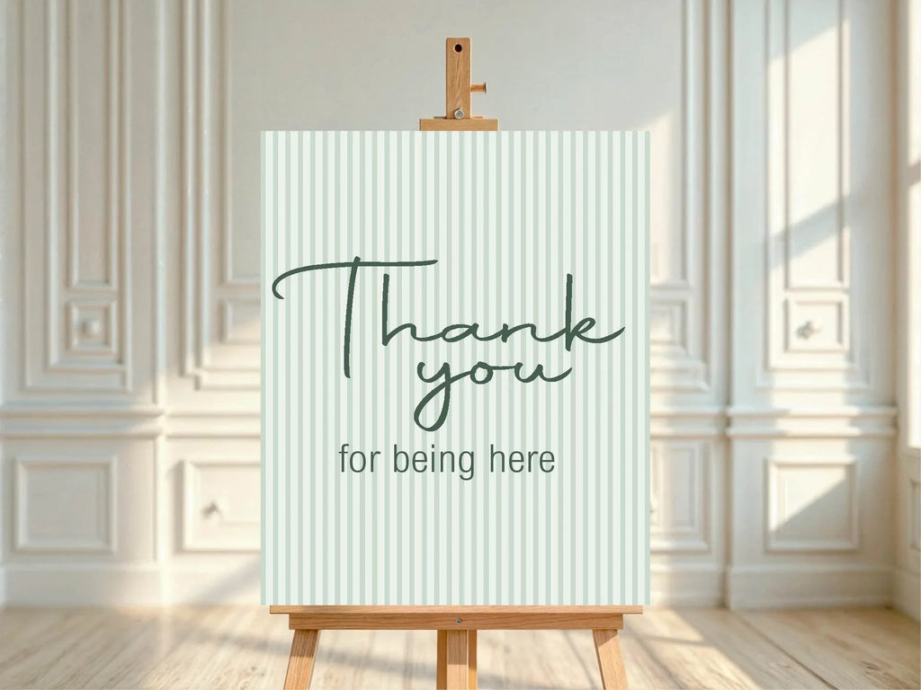 Sage Green Stripe Thank You Birthday Party Sign - Larosier Prints