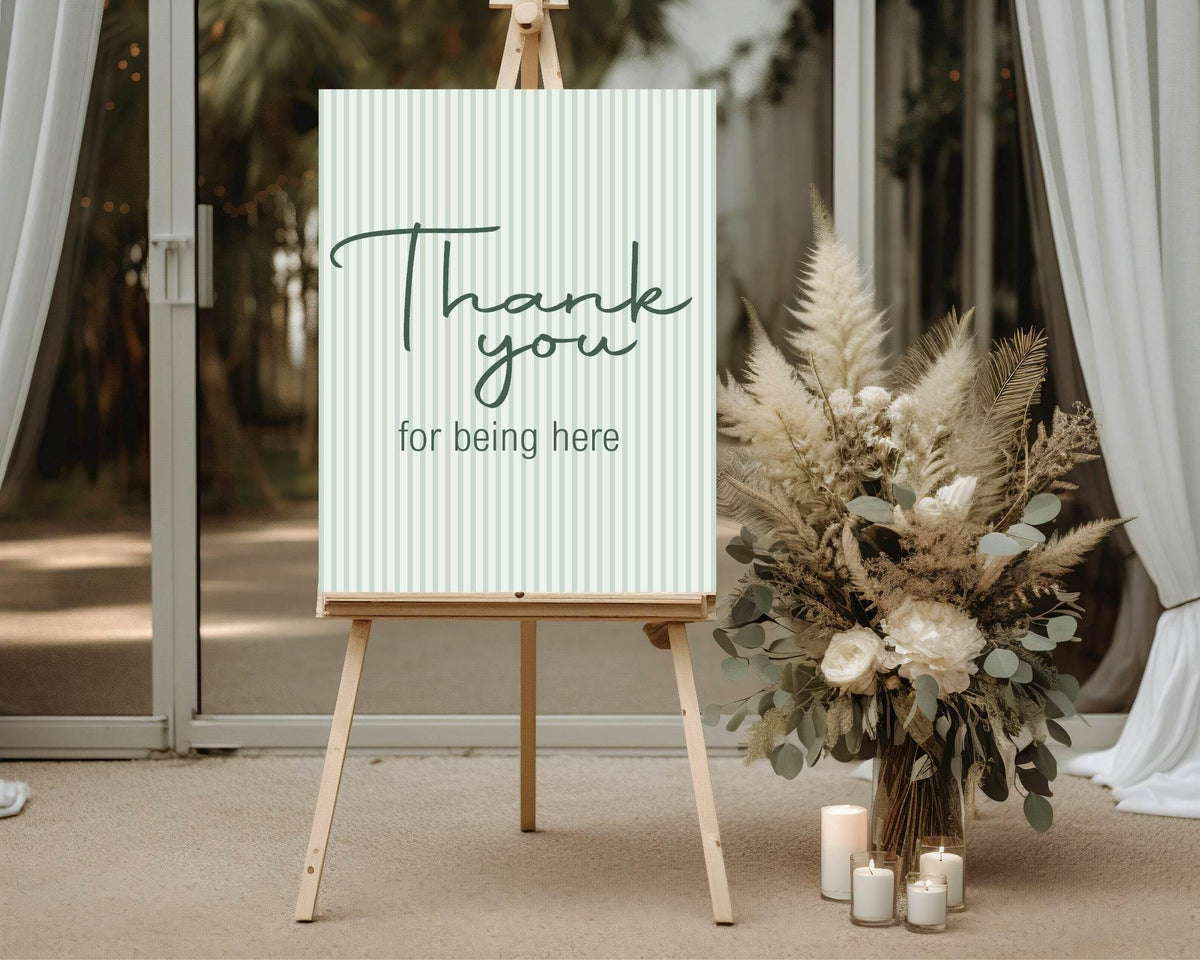 Sage Green Stripe custom birthday party sign wording example: Thank You