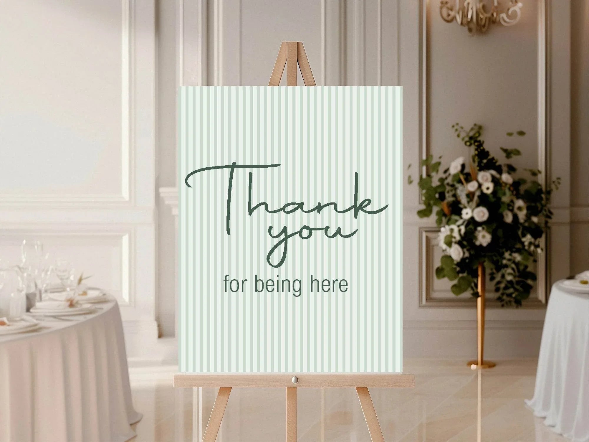 Sage Green Stripe Thank You Birthday Party Sign - Larosier Prints