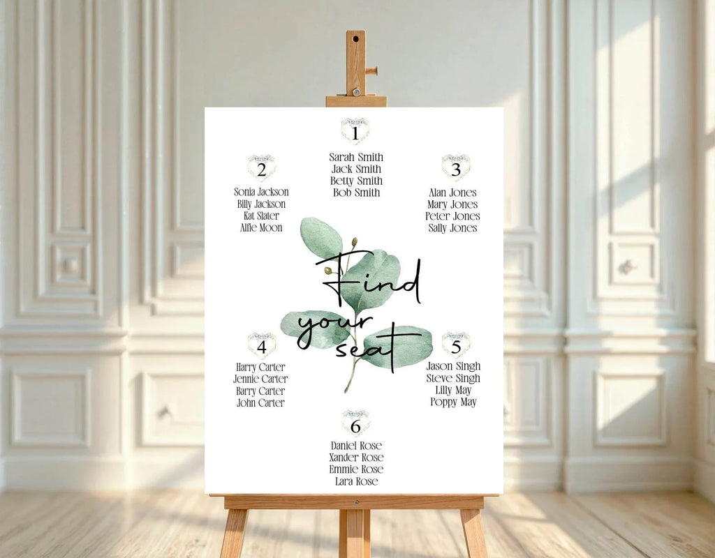 Eucalyptus Pack of Table Number Wedding Party Signs - Larosier Prints