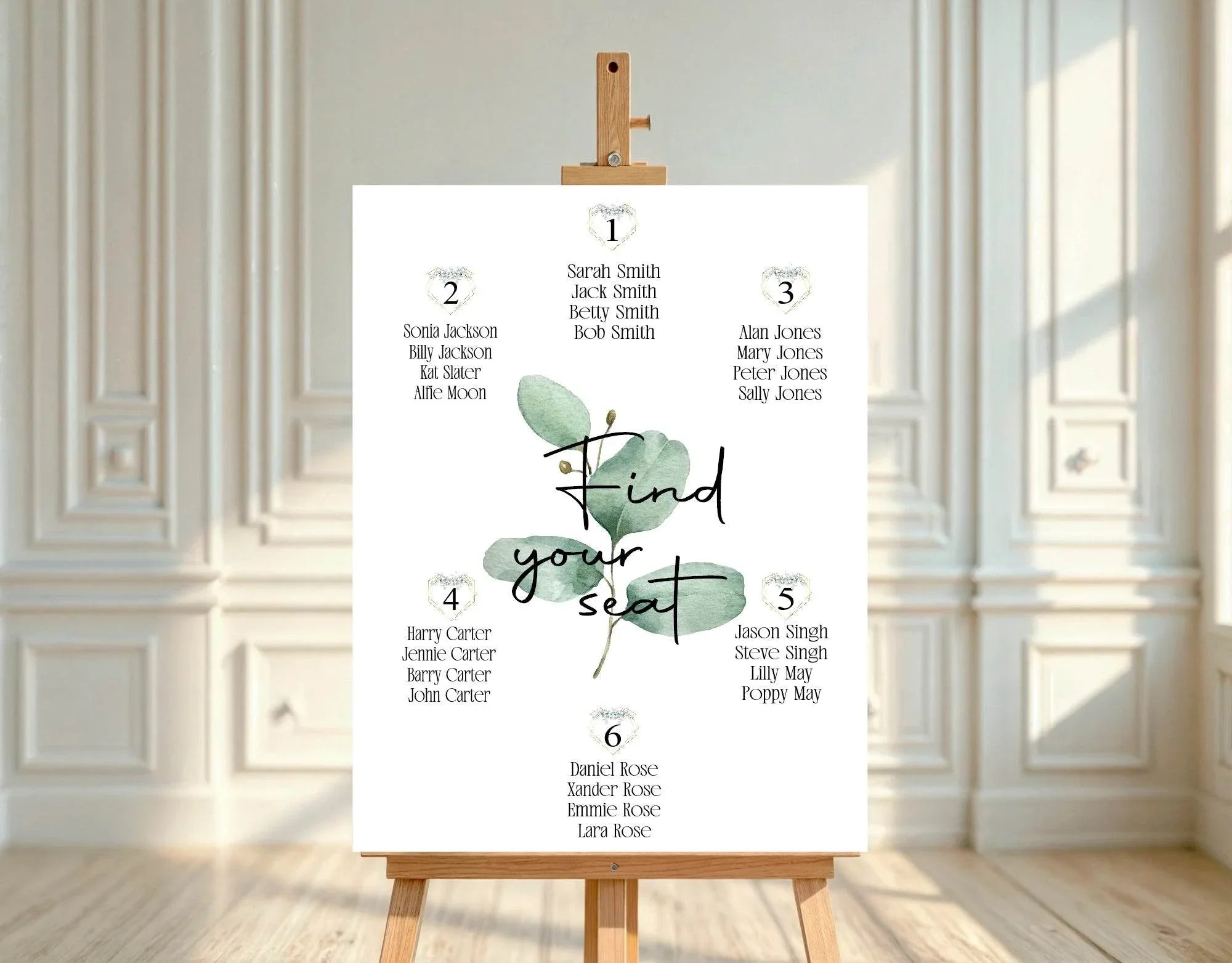Eucalyptus Pack of Table Number Wedding Party Signs - Larosier Prints