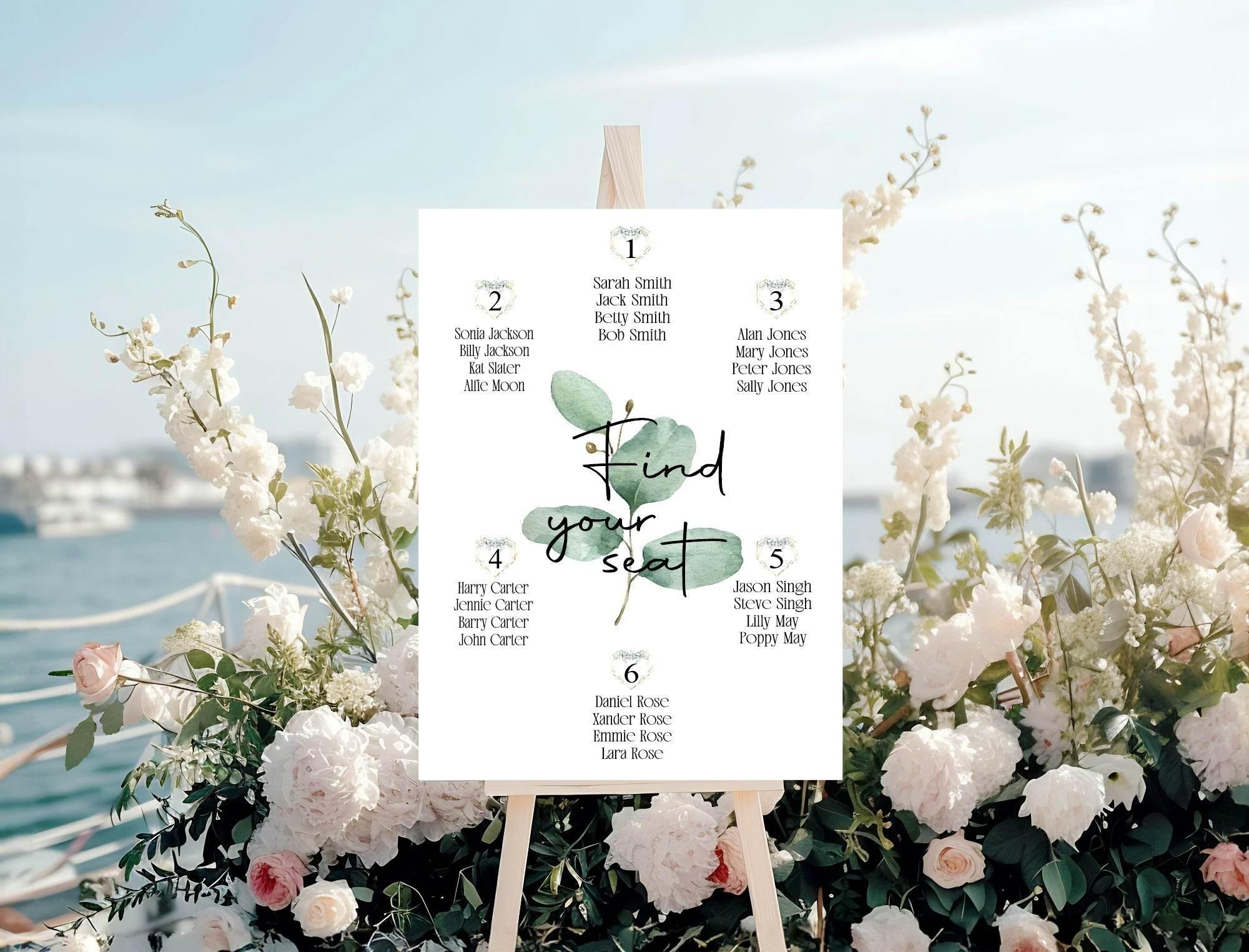 Eucalyptus Pack of Table Number Wedding Party Signs - Larosier Prints