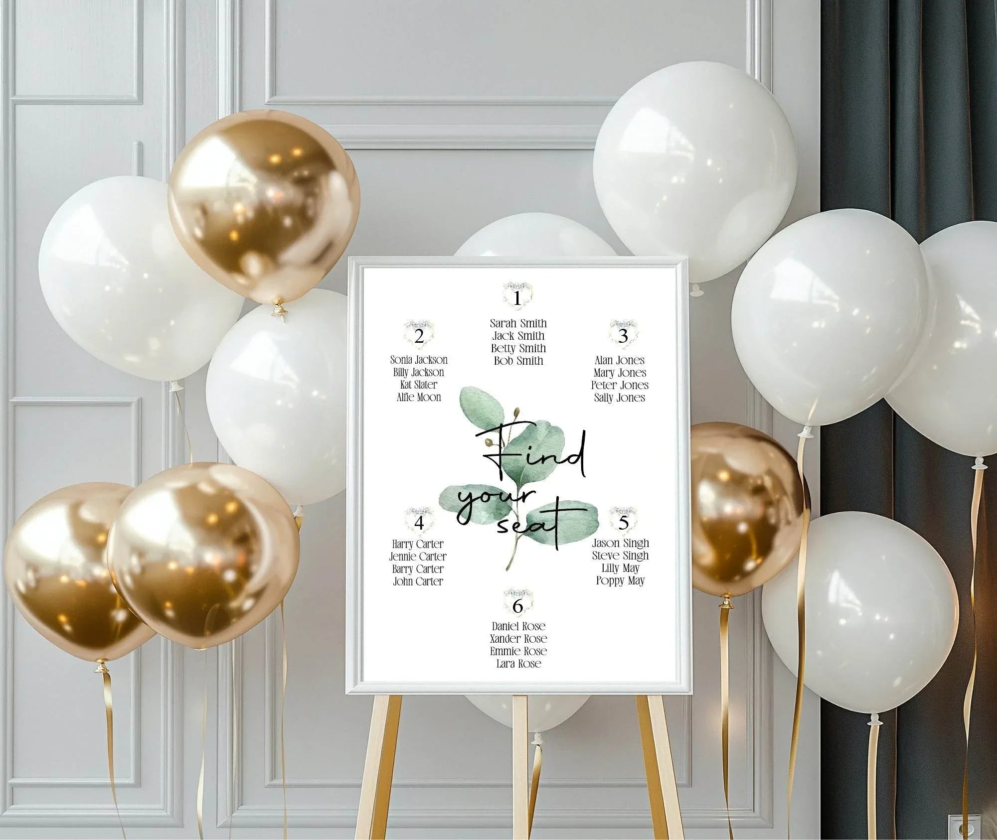 Eucalyptus Pack of Table Number Wedding Party Signs - Larosier Prints