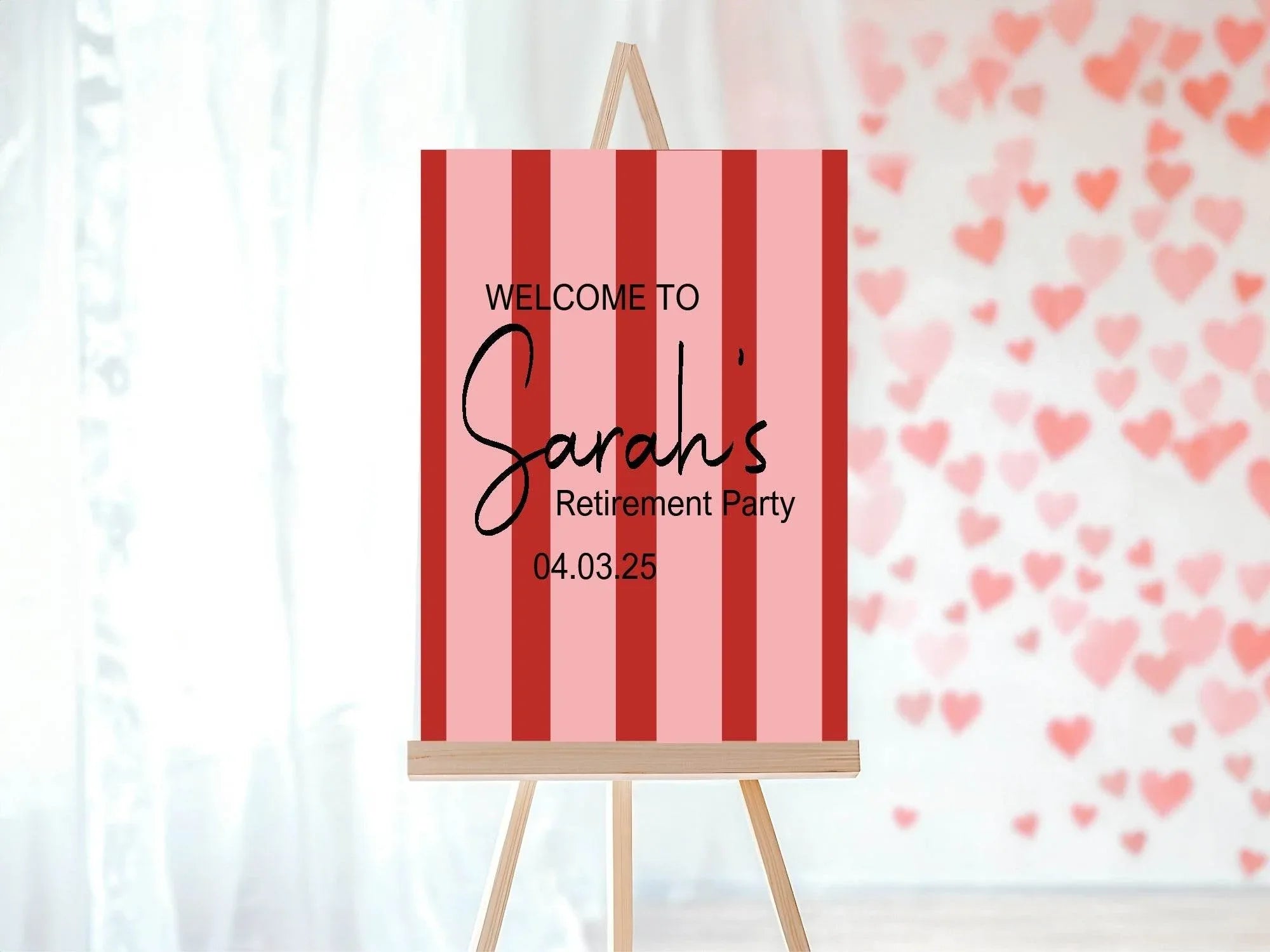 Red & Pink Stripe Welcome Retirement Party Sign - Larosier Prints