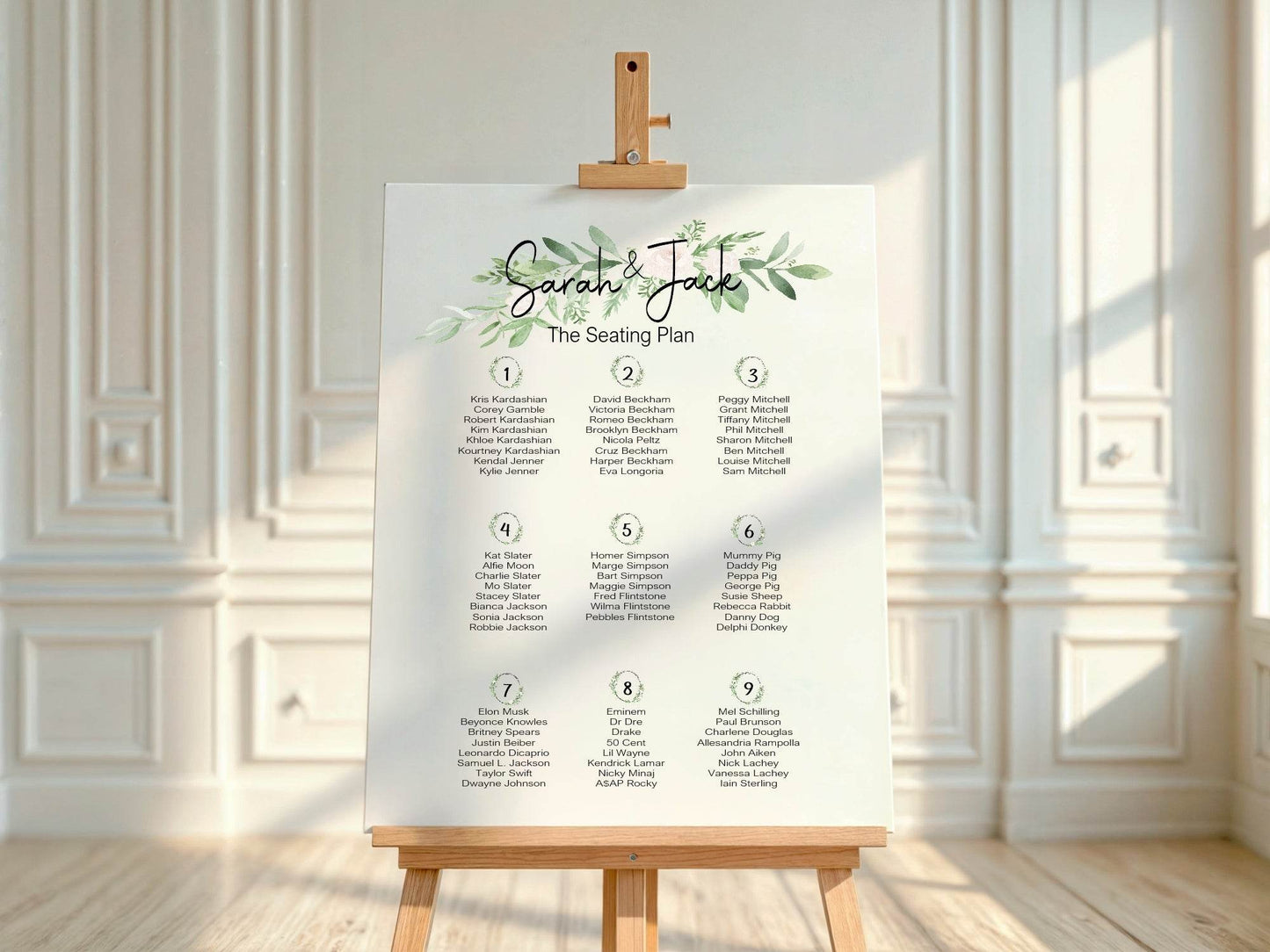 Green & White Rose Table Plan Wedding Party Sign