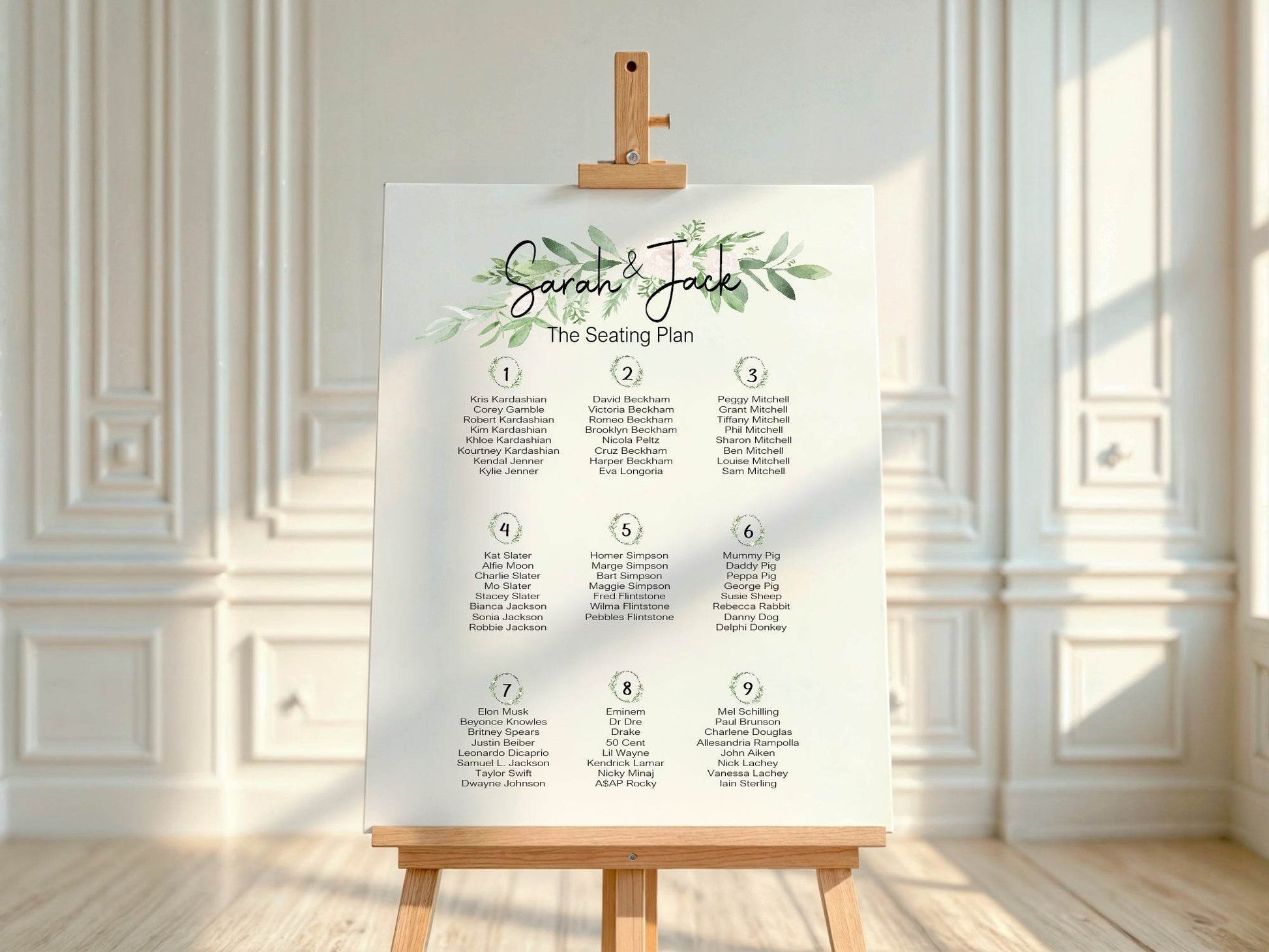 Green & White Rose Table Plan Wedding Party Sign