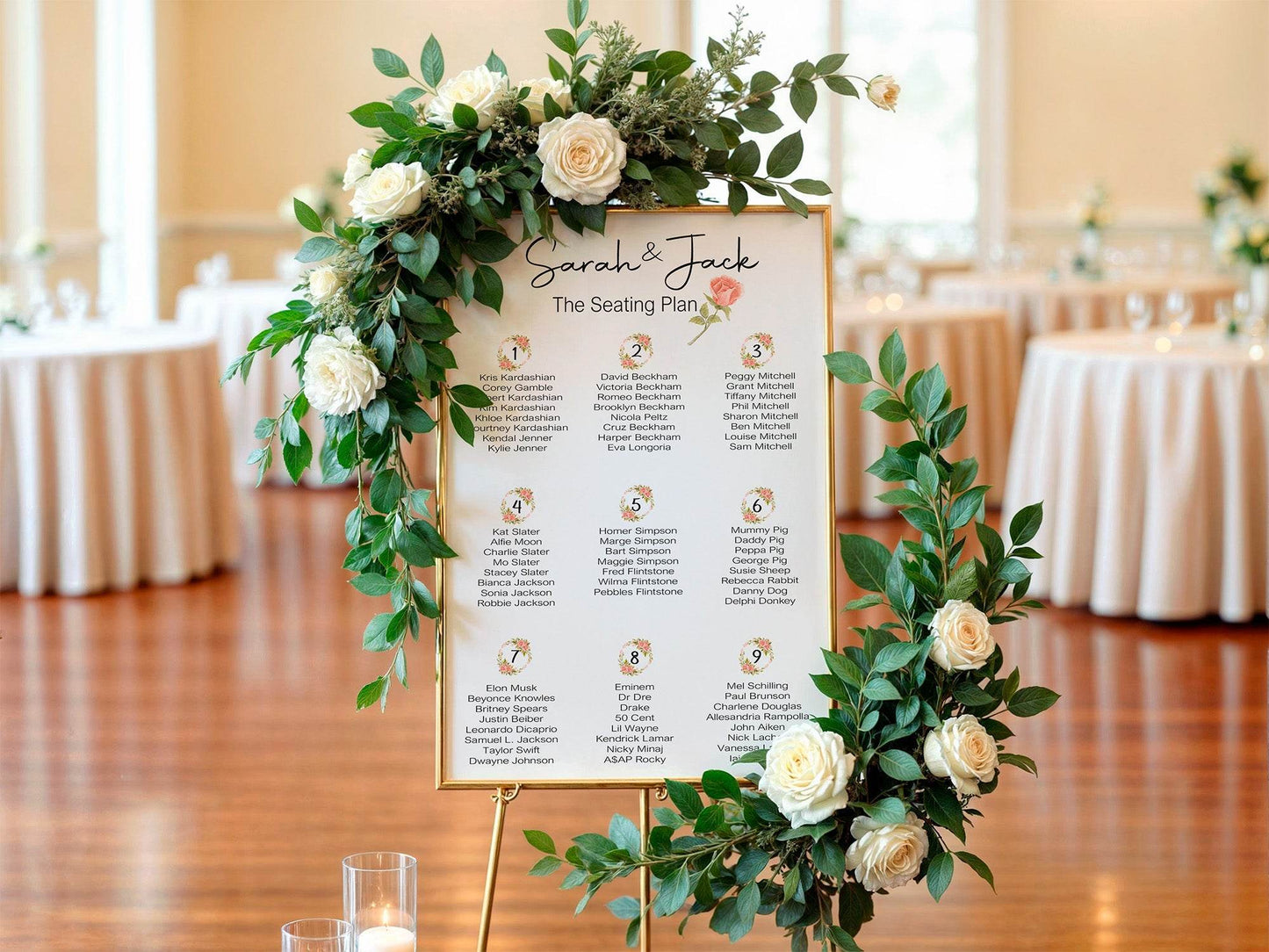 Pink Rose Table Plan Wedding Party Sign