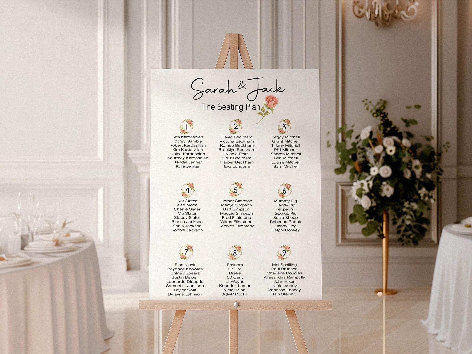 Pink Rose Table Plan Wedding Party Sign - Larosier Prints