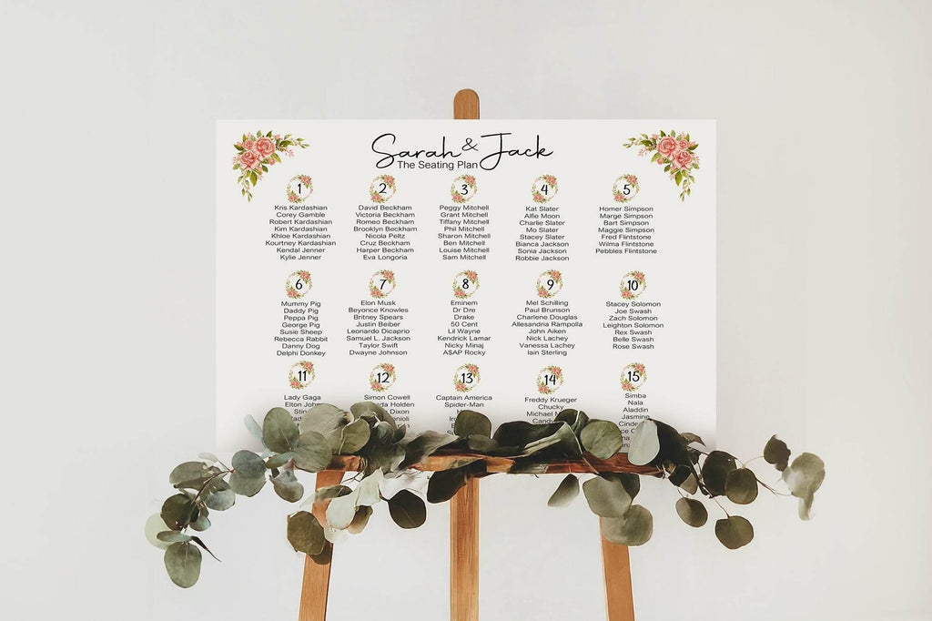 Pink Rose Table Plan Wedding Party Sign - Larosier Prints